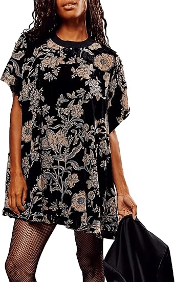 Aimiray Womens Vintage Velvet Dress Floral Printed Short Sleeve Round Neck Mini Flowy Boho Babydoll Dress