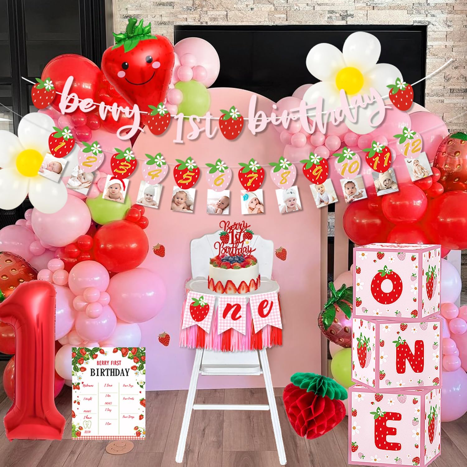 Berry First Birthday Decor Strawberry 1st Birthday Decorations for Girls, Sweet One Birthdays Party Decorations Kit Cake Topper High Chair Banner Strawberry Theme Backdrop Party Decor