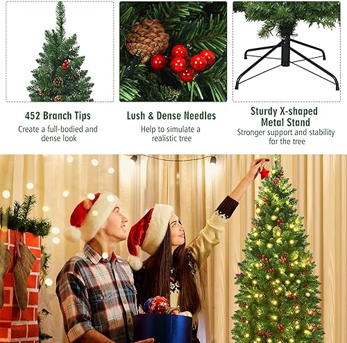 Miniatura 18 de Árbol de Navidad artificial preiluminado de 7.5 pies, árbol de Navidad delgado con 980 puntas de ramas de PVC, 350 luces LED, 75 conos de pino