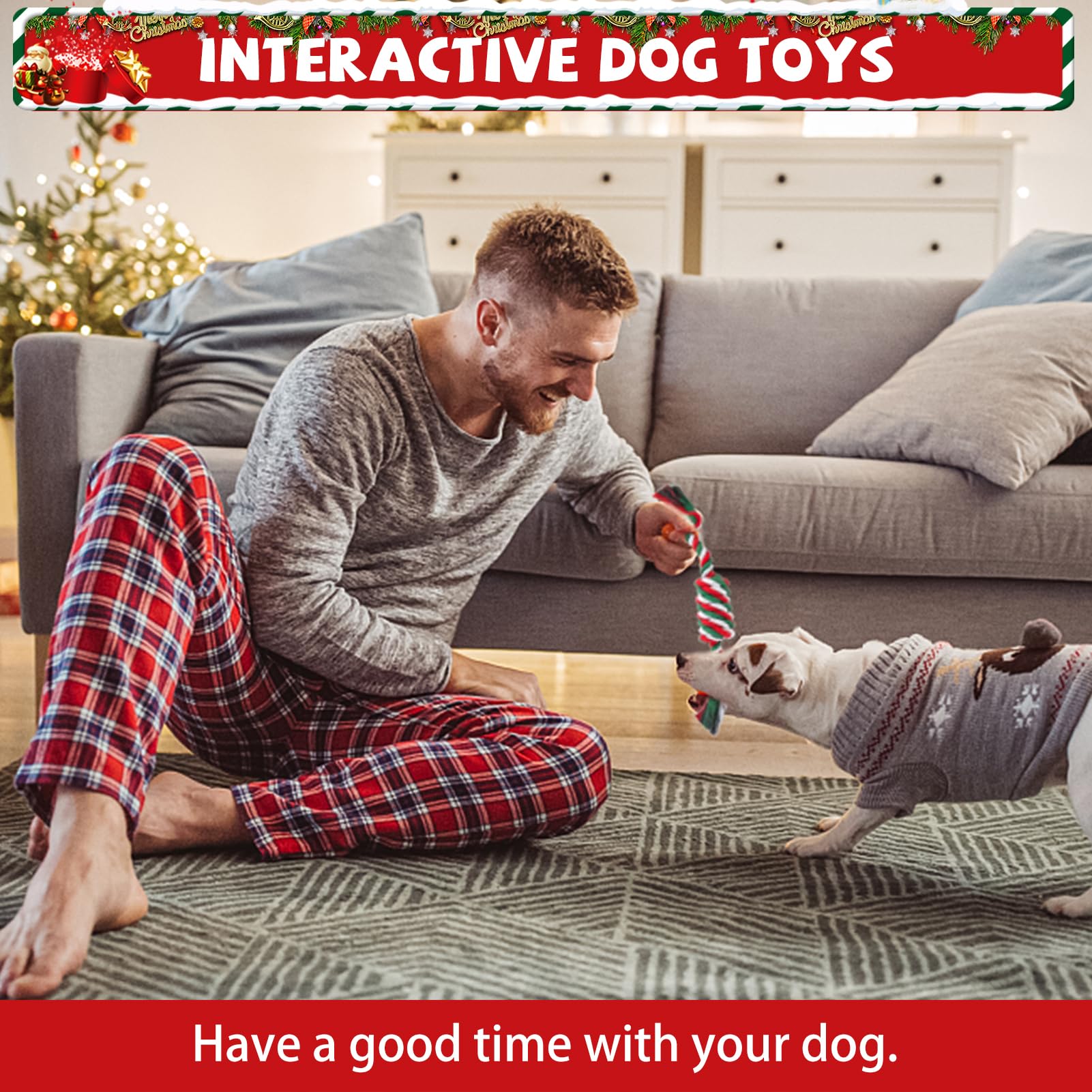 SCENEREAL Weihnachtliches Hundespielzeug aus Seil, 4 Stück, Kauspielzeug mit Strumpf zur Zahnreinigung, quietschendes Plüsch-Welpenspielzeug, interaktives Hundestrumpffüller, Weihnachtsgeschenke für