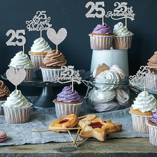 Miniatura 4 de 25 adornos para cupcakes de 60 aniversario con 60 diamantes para decoración de tartas de boda, corazón con purpurina plateada, 60 aniversario, boda,