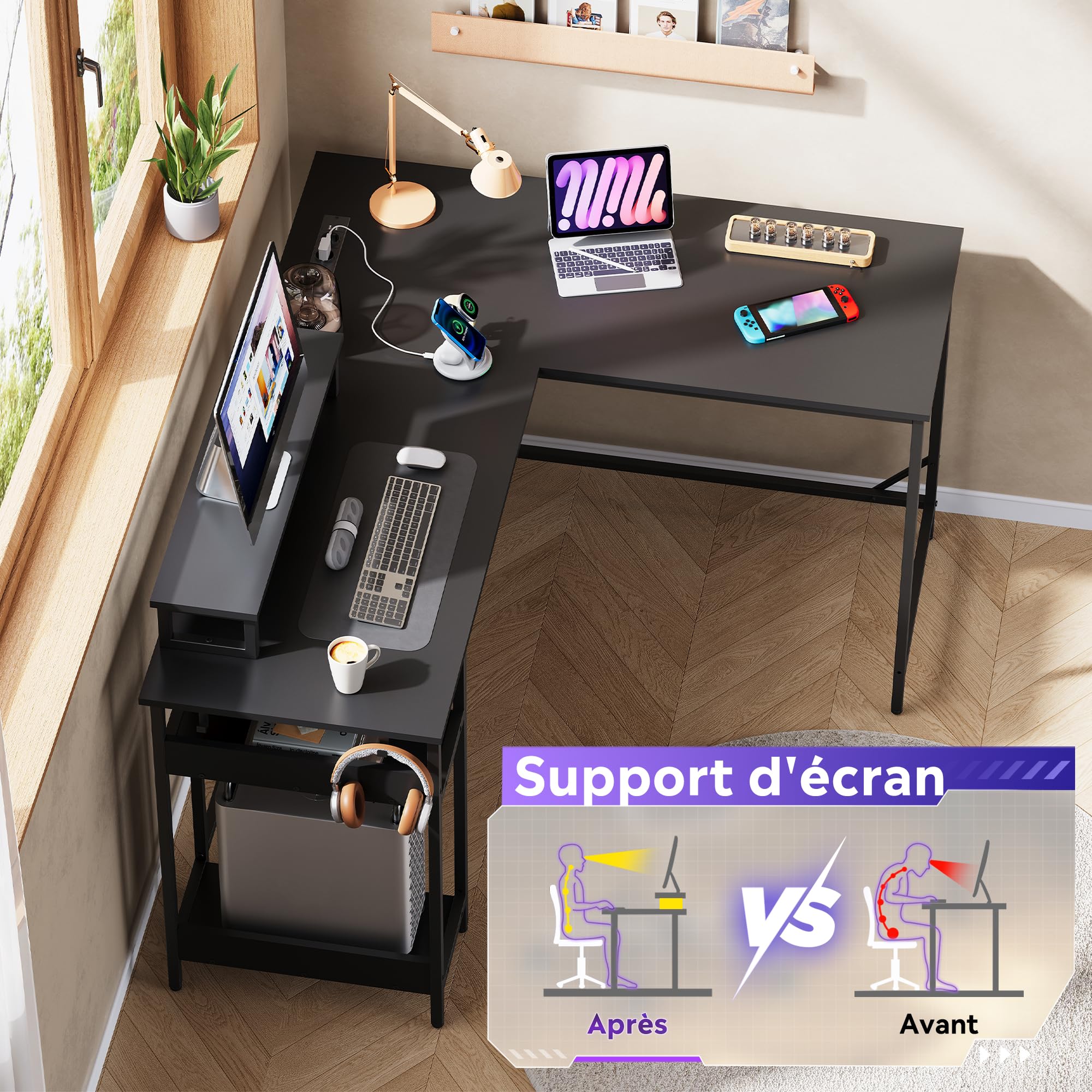 DEVAISE Bureau d'angle en L 140 x 120 cm avec Prises, LED et Étagères de Rangement, Table pour Gaming, Bureau et Télétravail, Noir