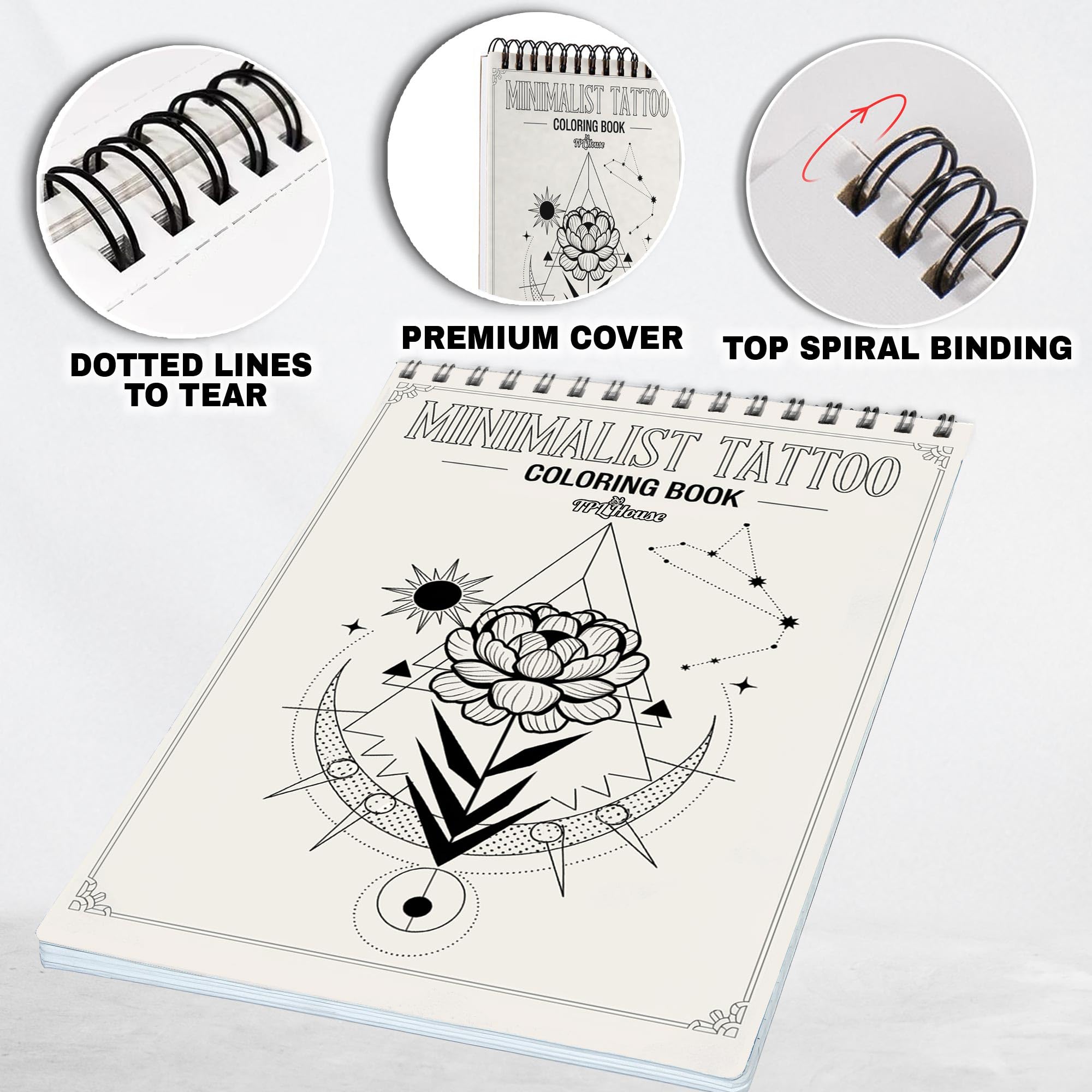 TPLHOUSE Minimalist Tattoo Spiral Coloring Book for Adults Relaxation & Stress Relief, 30 Coloring Pages of Simple Line Art Tattoos, Elegant Designs, Geometric Patterns and Abstract Symbols