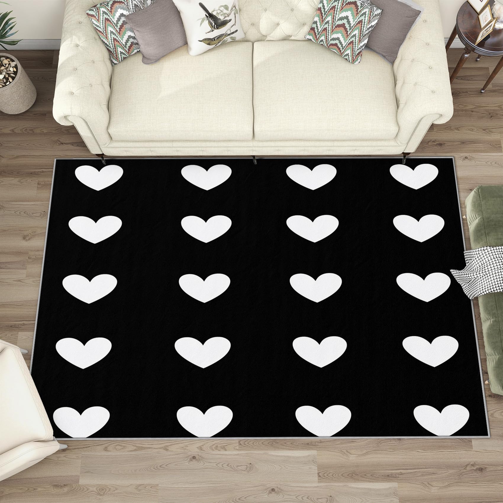 Herz Teppich Wohnzimmer 240x340 Herzen Schwarz Weiß Deko, Großer Teppich Kurzflor, Weich rutschfest Waschbare Teppiche, Bettvorleger Schlafzimmer Kinderzimmer