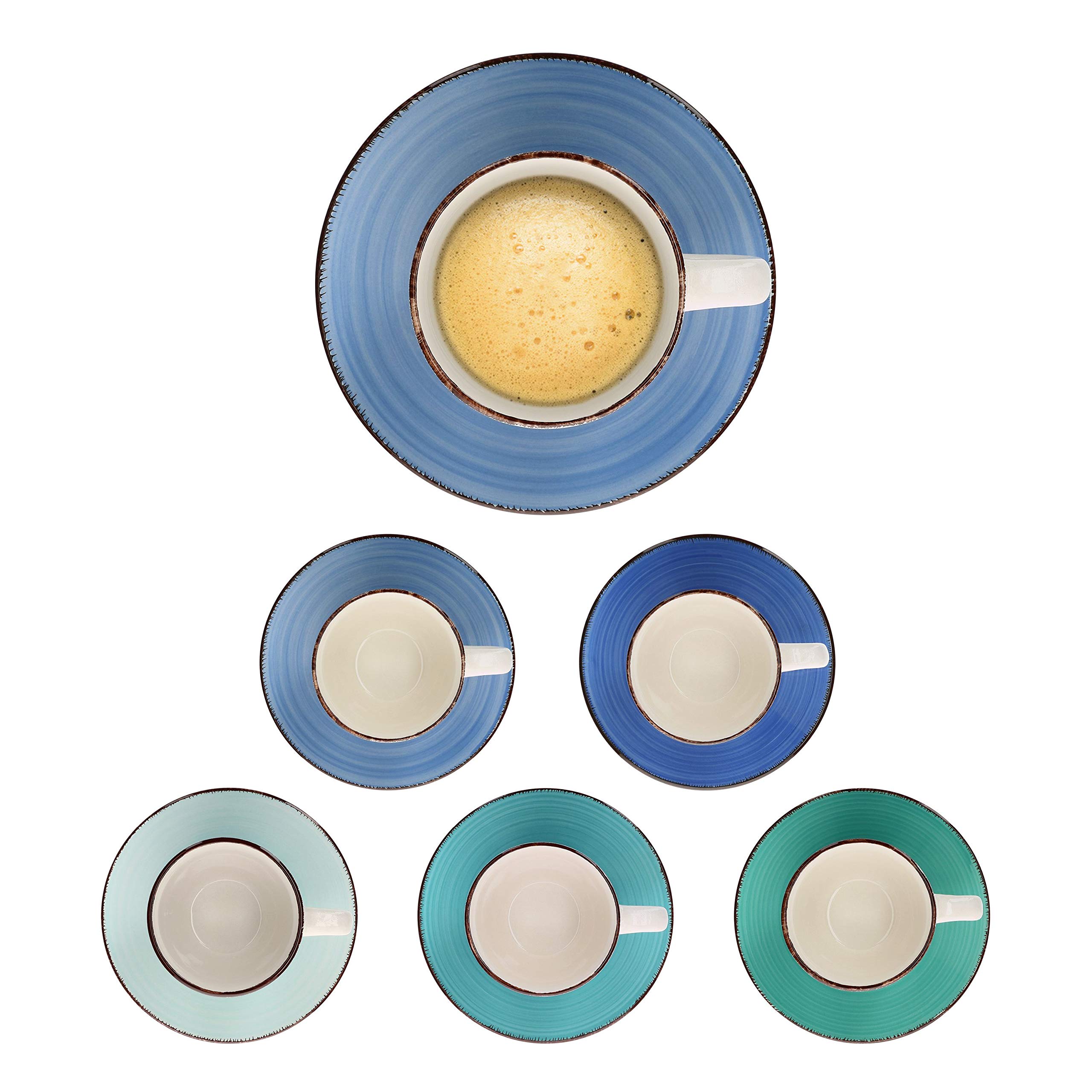 MamboCat 18-Teiliges Kaffee-Service Blue Curacao - Geschirr-Set für 6 Personen, Handbemalt - Steingut Mit Tassen, Unterteller, Kuchenteller - Buntes Set