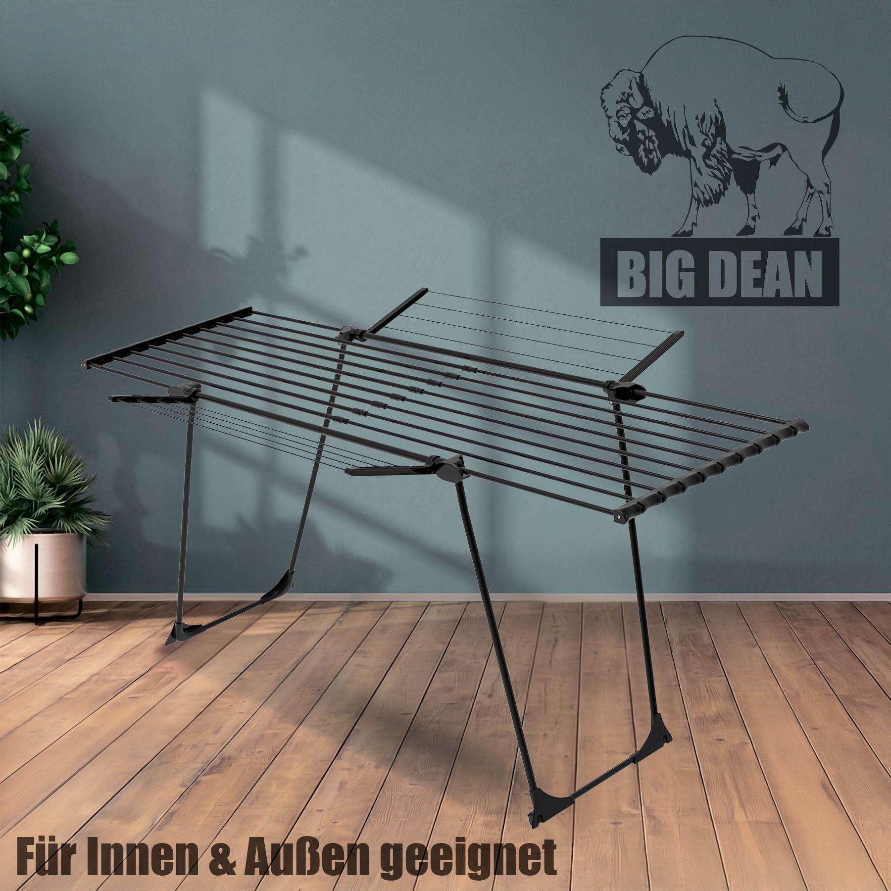 BigDean Wäscheständer 280 mit dicken Leinen Jumbo Schwarz ausziehbar 28m Trockenlänge - einfaches Bügeln