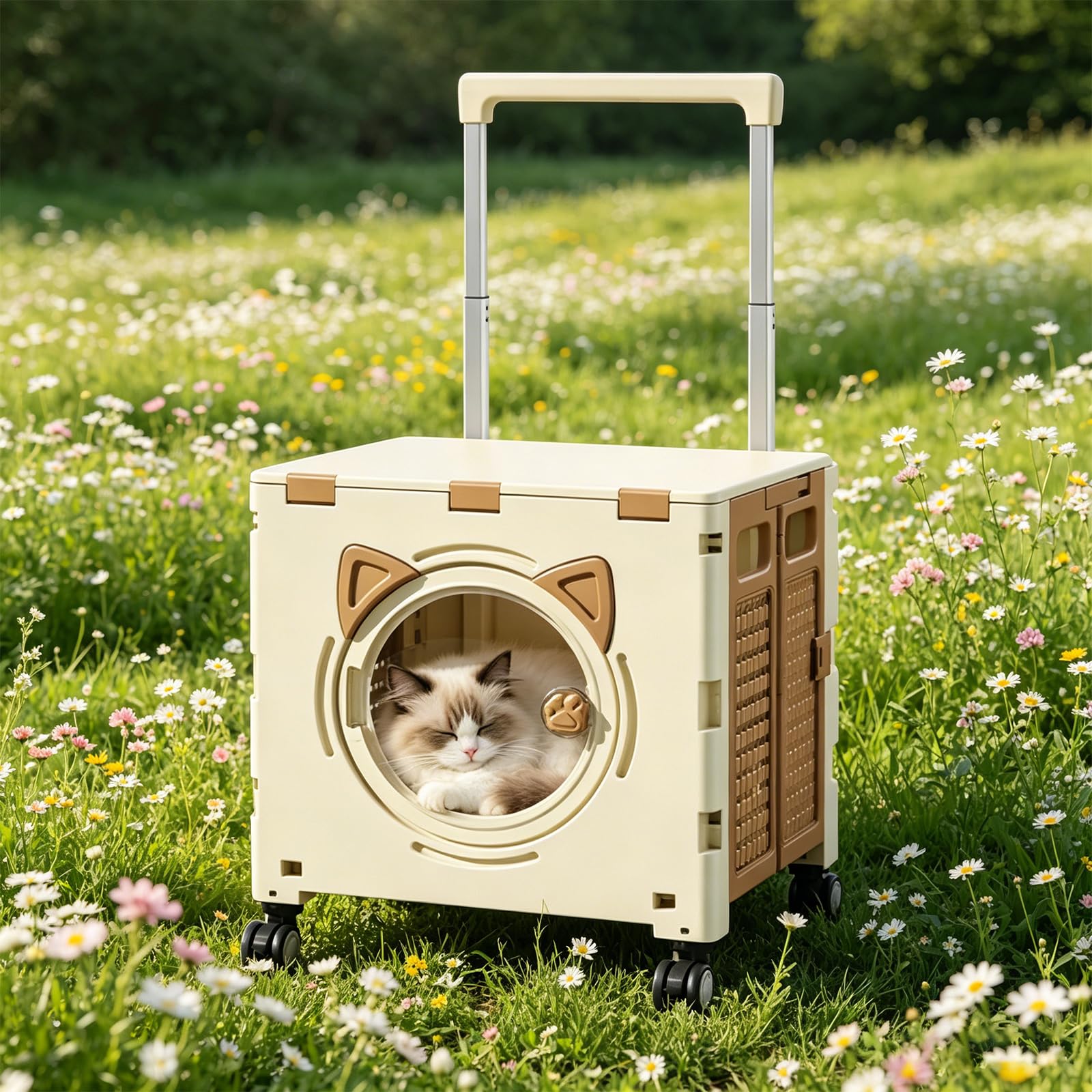 PETCUTE Bolsa de Viaje para Perros,Transportín para Gatos con Ruedas,Transportín Multiusos para Mascotas para Perros y Gatos Pequeños con Asa Telescópica,para Viajes, Senderismo,Paseos,Caqui