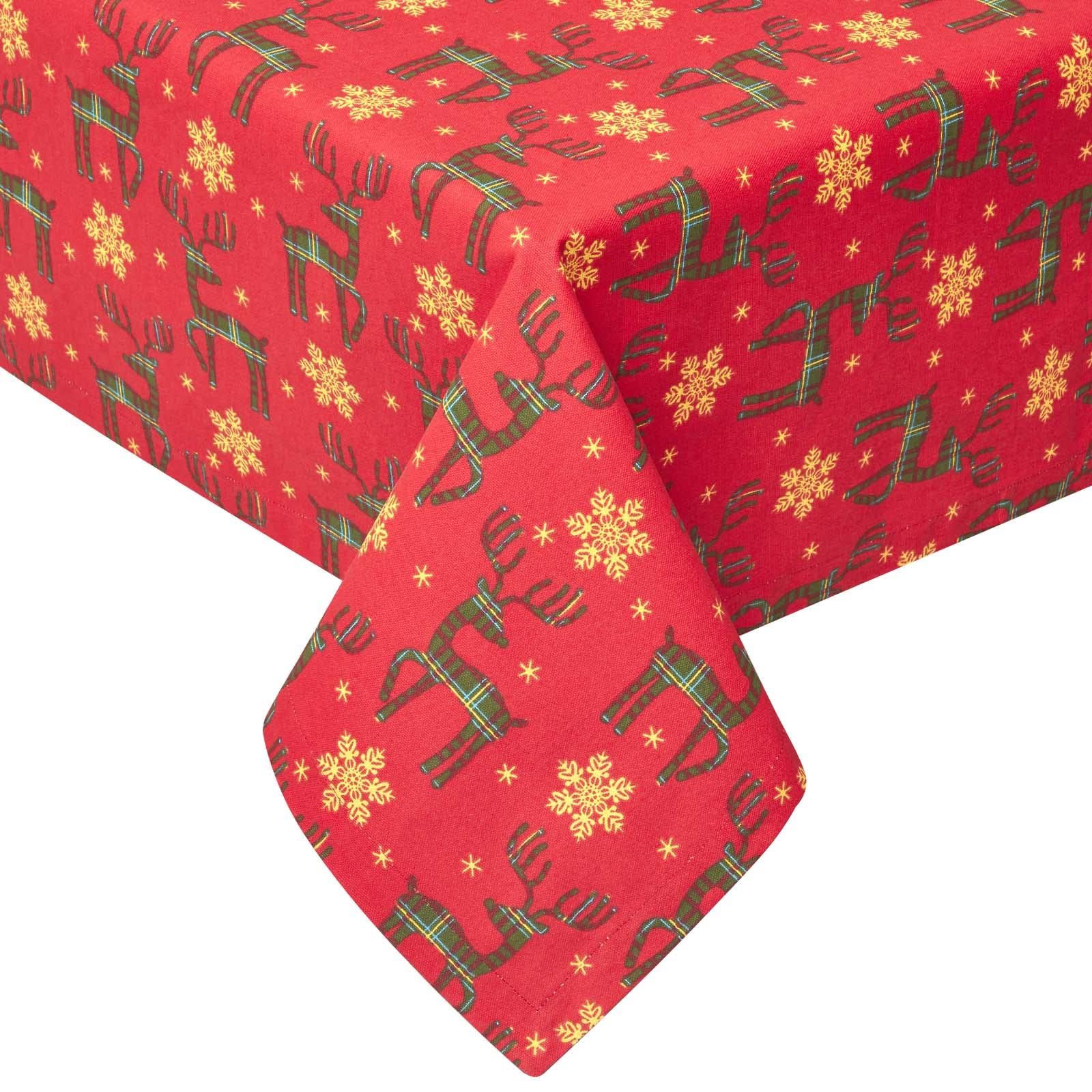 Homescapes Red Reindeer Cotton Christmas Round Tablecloth, 178 Cm In