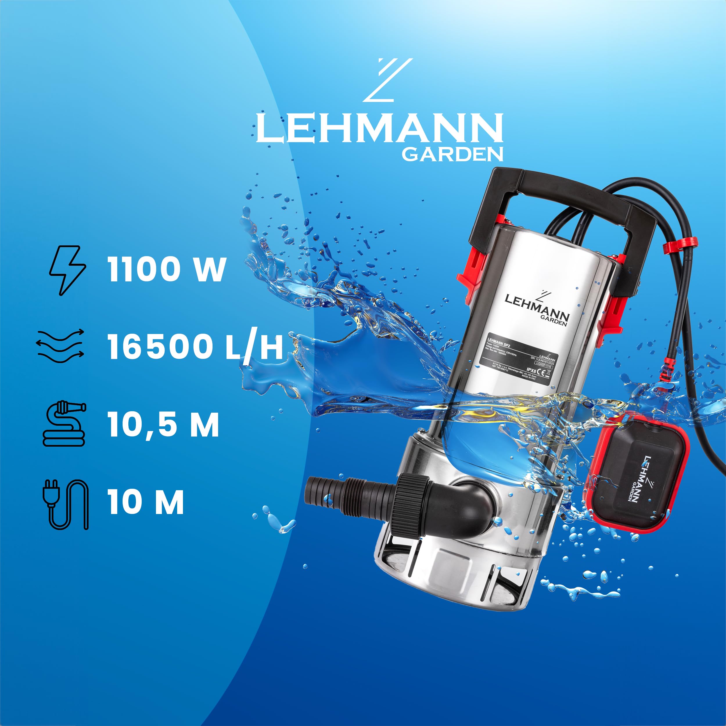 LEHMANN Pompe Immergée avec Flotteur Intégré pour Eaux Chargées et Pure, 1100 W, avec Moteur à Induction sans Balai, Débit 16500 l/h, Hauteur de Refoulement 10,5 m, Particules Ø35mm