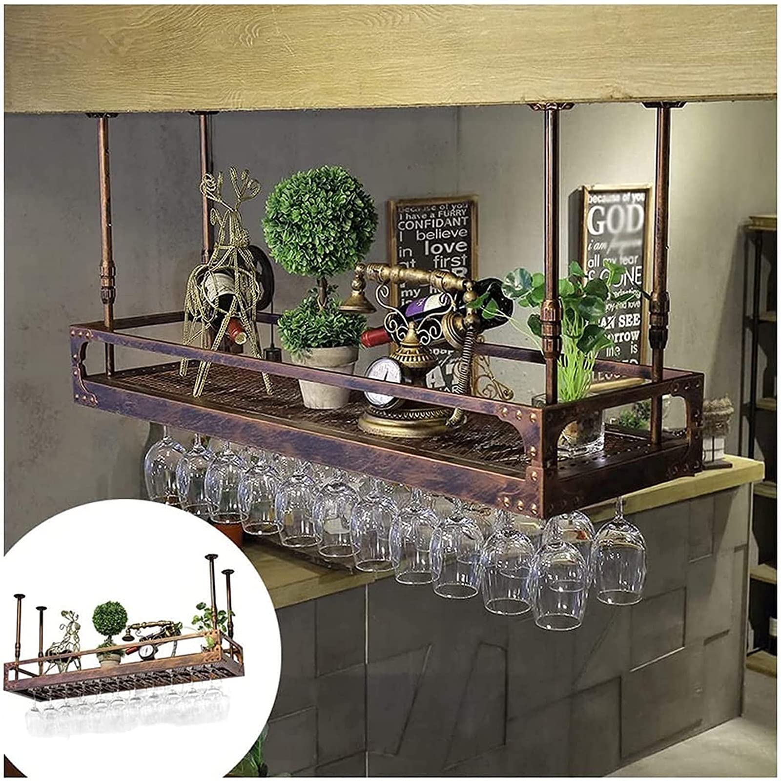 Porte-Bouteilles Mural Rustique en Fer avec étagère de rangement de plafond