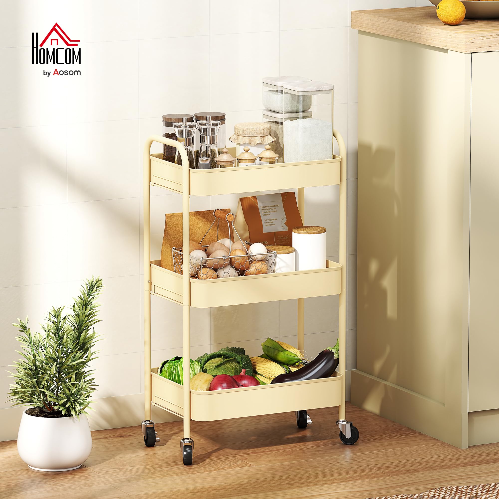 HOMCOM Carrello 3 ripiani su ruote con 3 cestelli in metallo Giallo | Carrello portariviste in metallo, carrello scorrevole, soggiorno, cucina