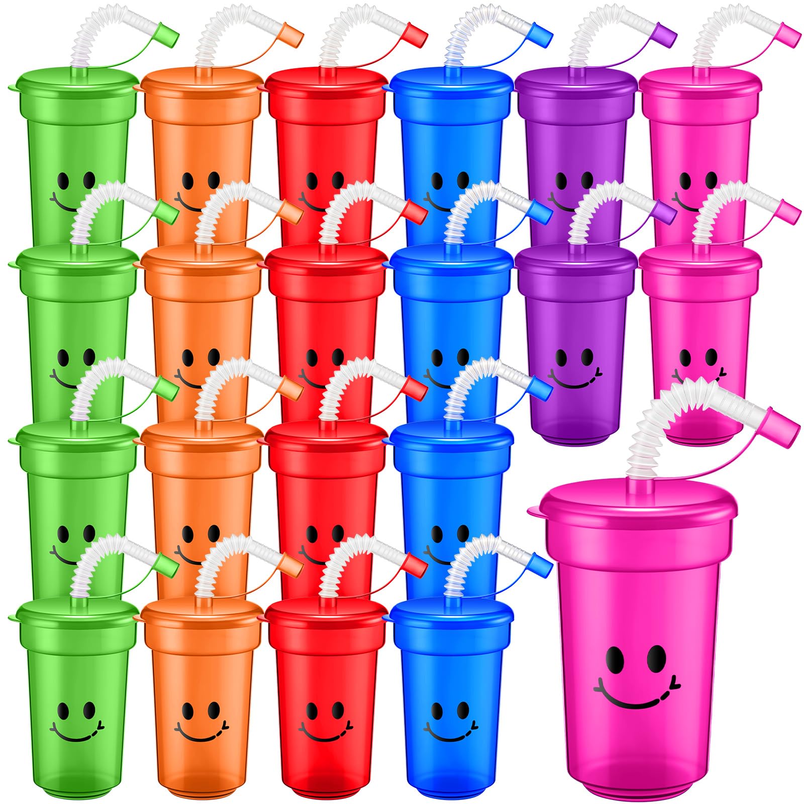 Mumufy Kids 12 oz Neon Cups Bulk Laugh Face Neon Colorful Plastic Cups Back to School Gift Reusable Birthday Supplies Kids End of the Year Present for Students(24 Pcs)