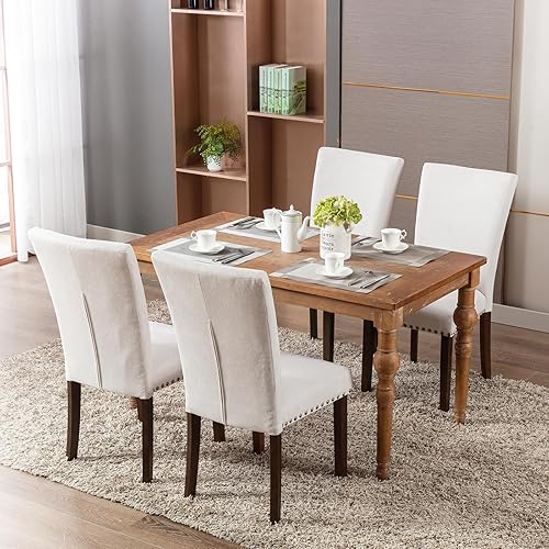 Miniatura 7 de COLAMY Juego de 4 sillas de comedor tapizadas, estilo Parsons de lino beige con respaldo alto, para mesa redonda de cocina o comedor pequeño,