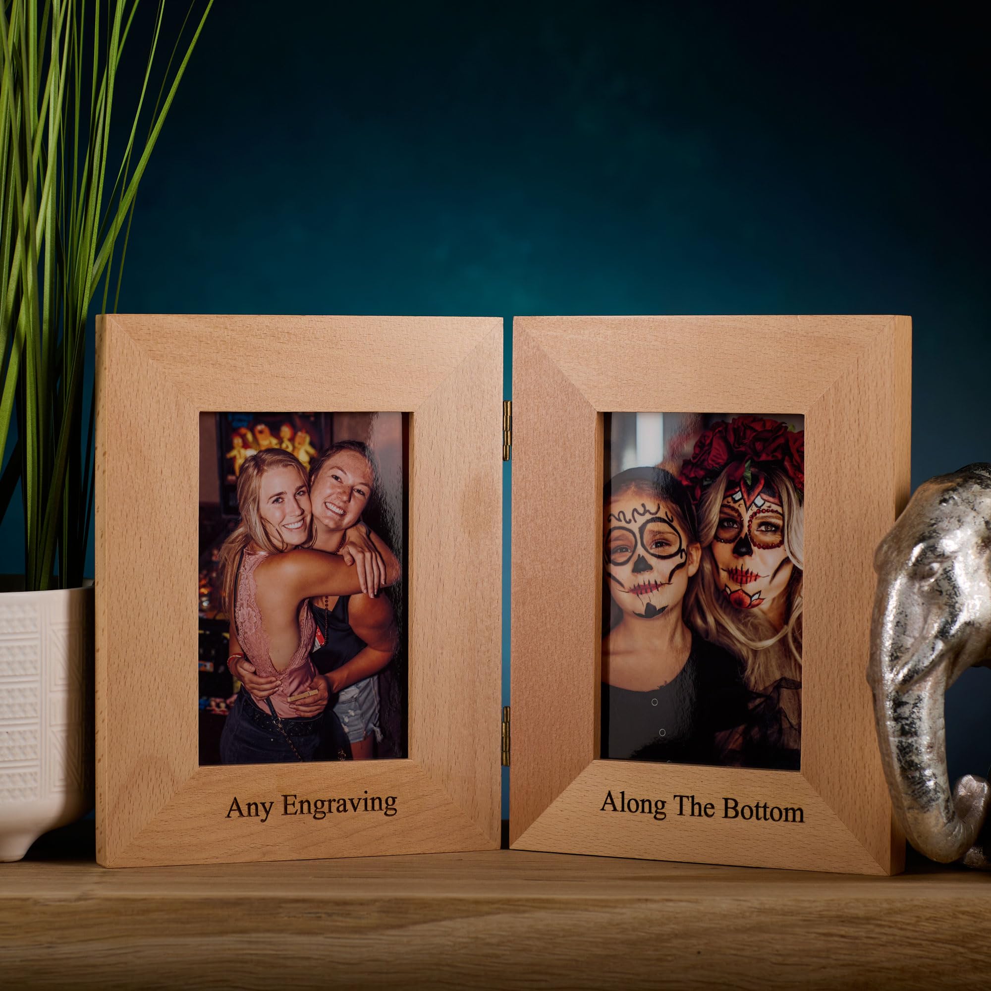 Personalised Solid Oak Wood Double Photo Frame With Any Engraving Plain Text