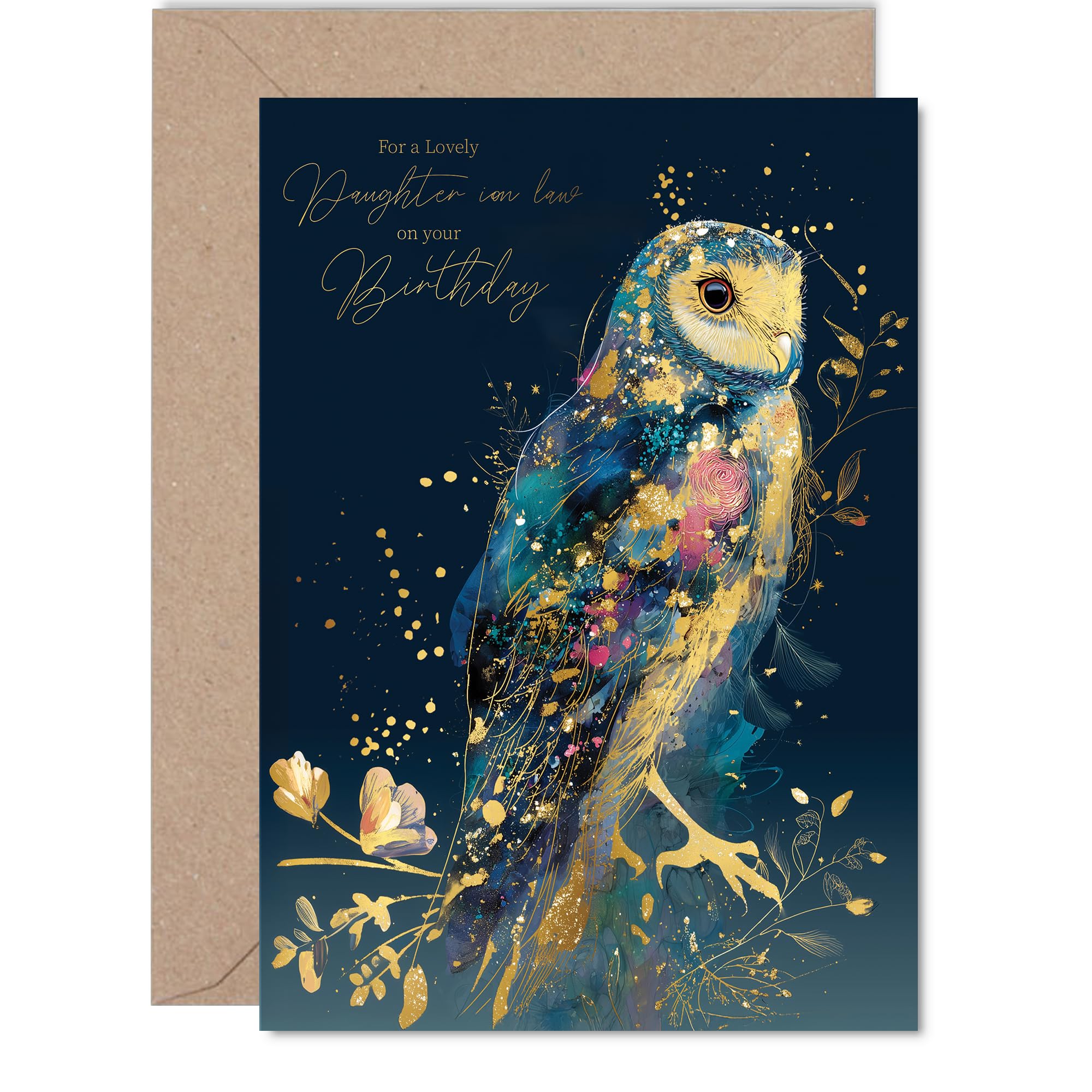 Gold Daughter in Law Birthday Card - Luxury Wisdom Owl - Happy Birthday Card for Daughter in Law from Father Dad Mother Mum, 5x7 Inch Golden Fantasy Nature Chic Bday Greeting Cards