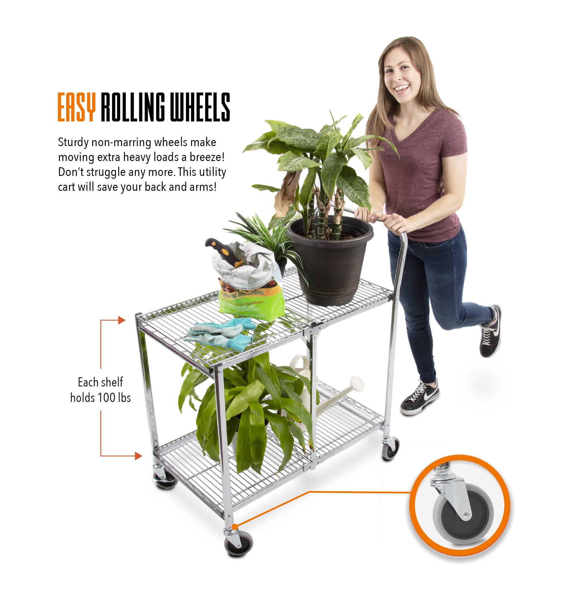 Stand Steady Tubstr Compact 2 Shelf Utility Cart | Made In USA | Space-Saving Tub Cart Holds Up To 300 Lbs | Storage & Rolling Tool Cart For School, Office, Garage
