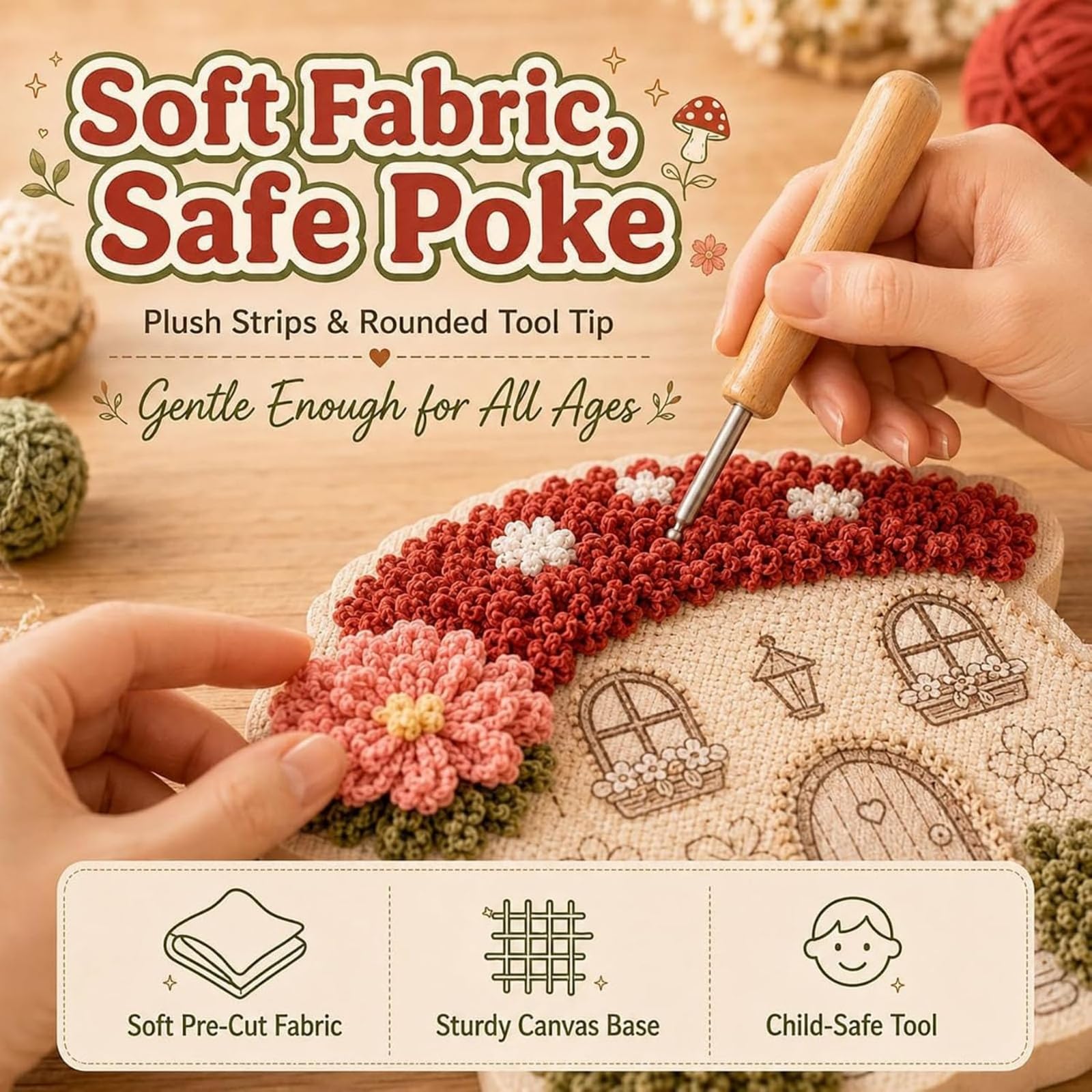 Kit per ricamo 3D Villaggio Incantato - Casetta con Funghi e Fiori (6Pcs) | Kit per ricamo fai da te con ago da punzonatura per adulti, grazioso kit decorativo, accogliente regalo in stiles