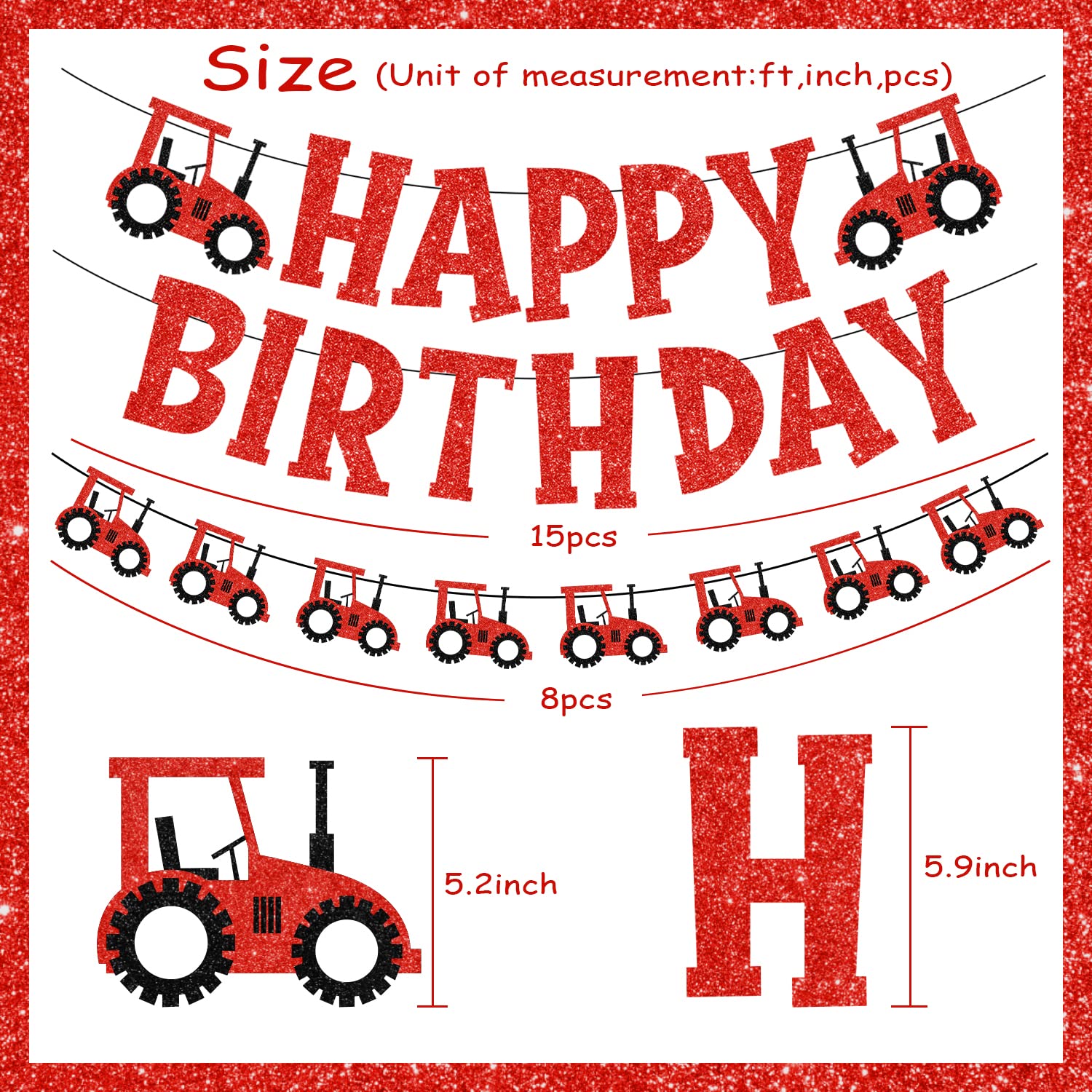Decoración de fiesta temática de tractor, decoración de fiesta de cumpleaños de tractor rojo de granja, guirnalda de tractor de feliz cumpleaños con purpurina roja para fiesta de cumpleaños de tractor
