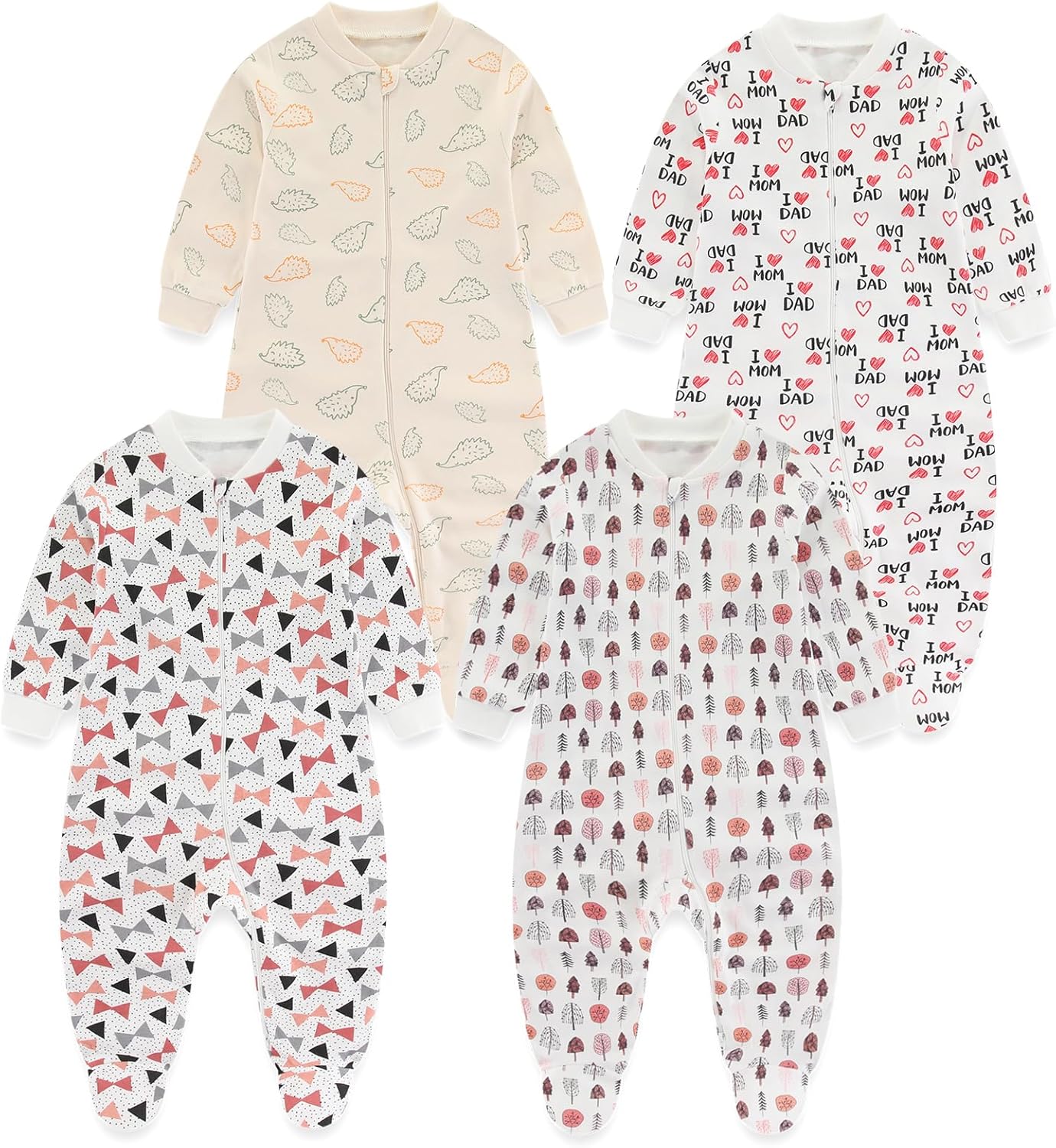 MAMIMAKA Baby Boys Girls Footies One-Piece Romper Long-Sleeve Jumsuit Cotton Newborn Clothes Set 4-Pack, Baby Pajamas