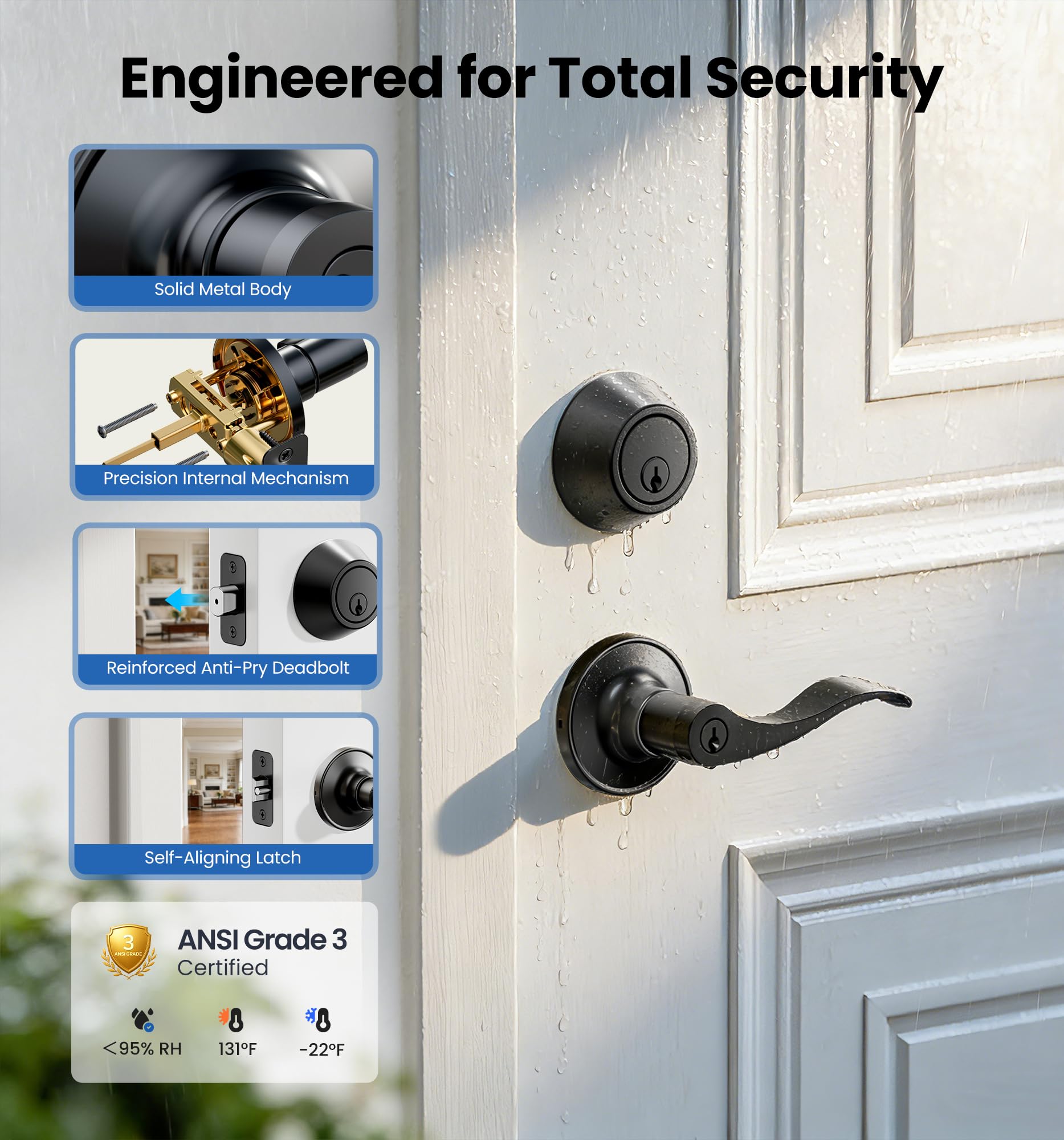 Veise Keyed Alike Front Door Lever, Exterior Door Lever & Single Cylinder Deadbolt Combination Set, Wave Style Entry Door Knob, Heavy-Duty Reversible Left/Right Handle for Bedroom Doors, Matte Black - 4