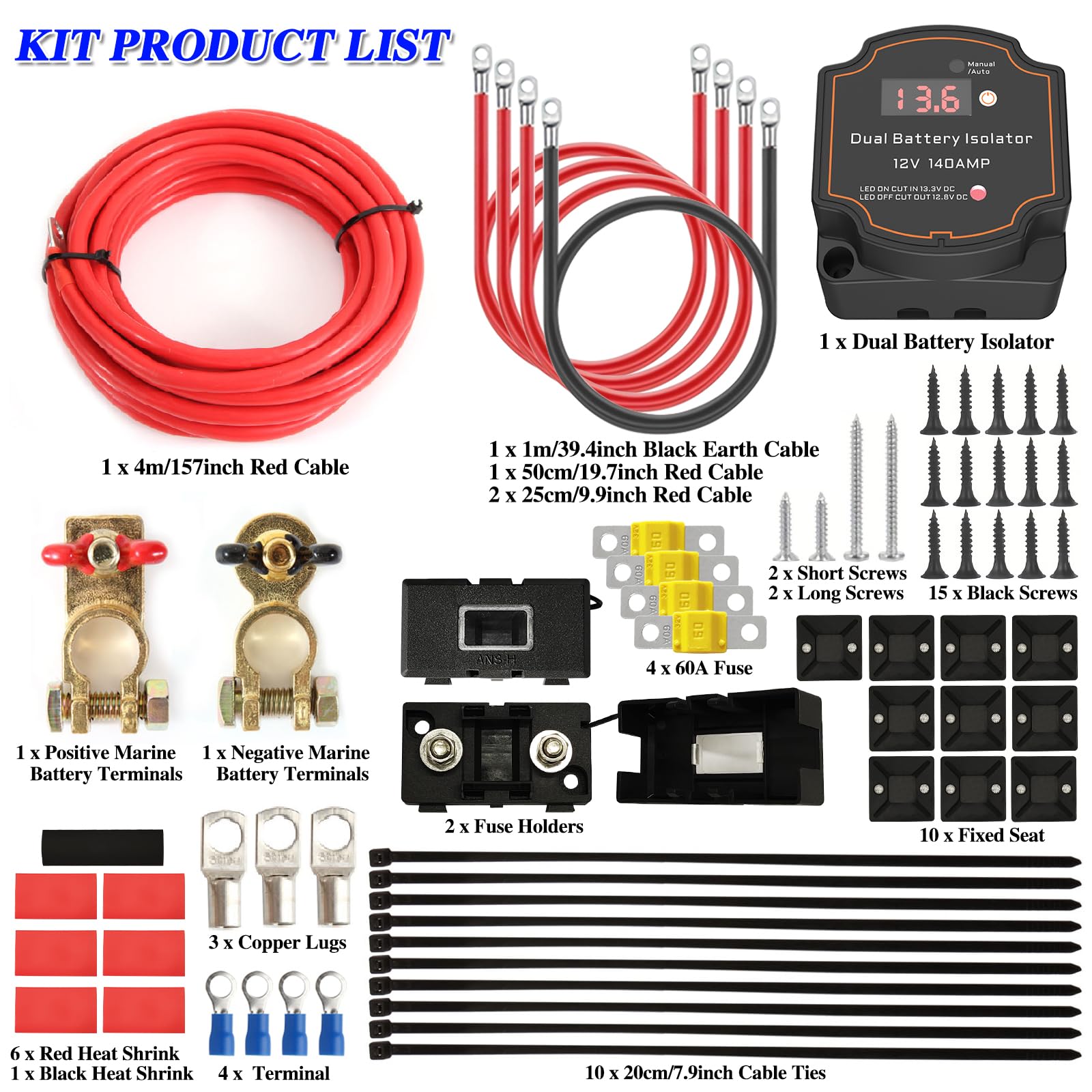 Batterietrenner, 12 V Kit, 140 Amp Split-Laderelais mit 5 m Kabelsatz, automatisches Dual-Batterie-Trennrelais für Marine, ATV, UTV, Wohnmobil, Auto (BG006 kit)