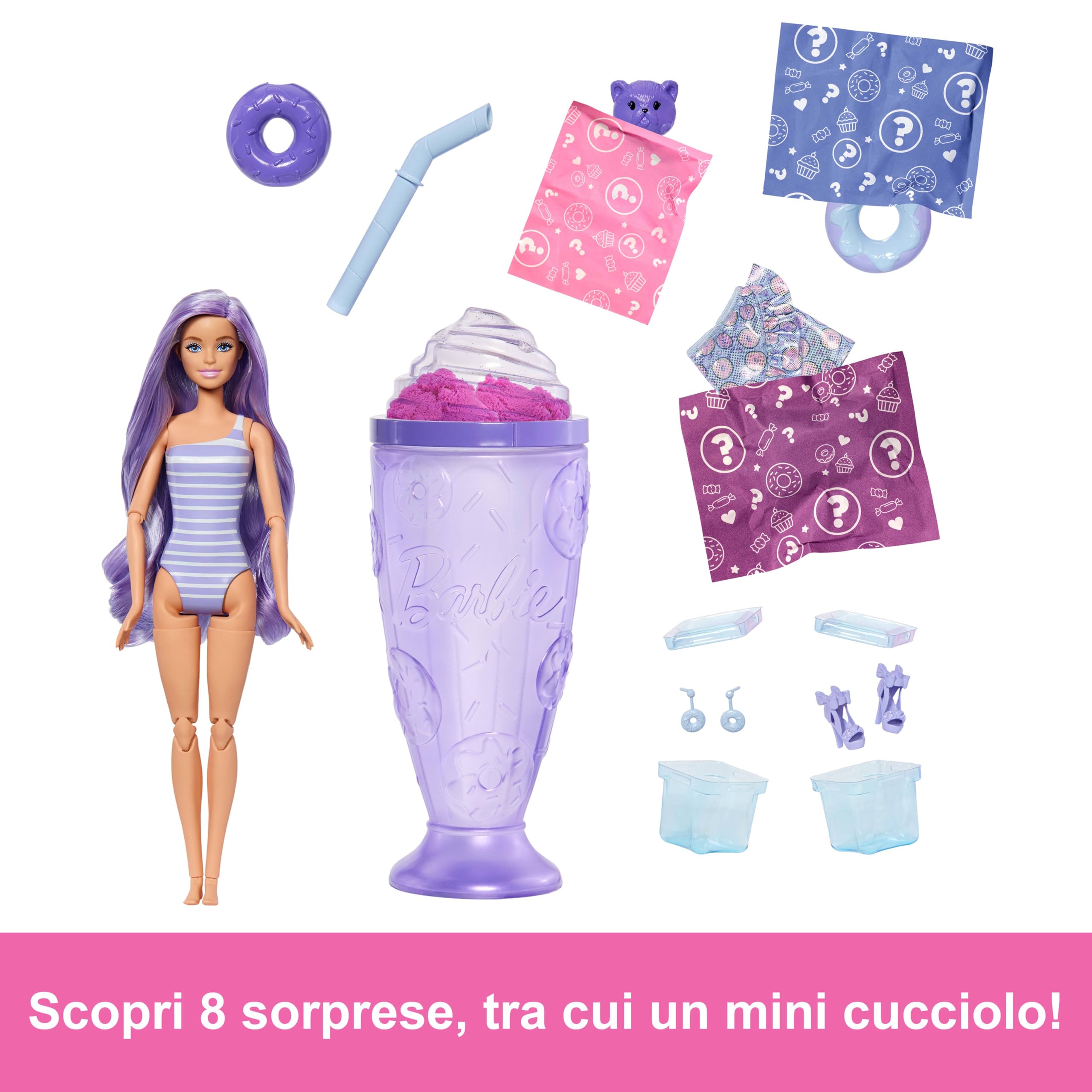 Barbie - Pop Reveal Serie Dolcetti, bambola a tema Donut Dreams con cucciolo e 8 sorprese con effetto cambia colore inclusi, giocattolo per bambini, 3+ anni, JFY60