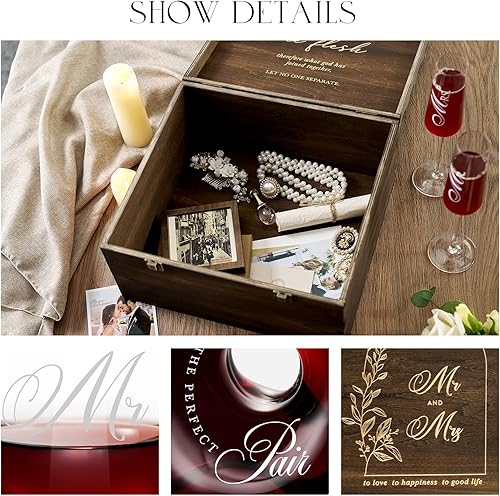 Miniatura 6 de AW BRIDAL Juego de decantador de vino de boda, copas de champán grabadas Mr & Mrs para brindis nupciales, copas de champán para regalos de boda