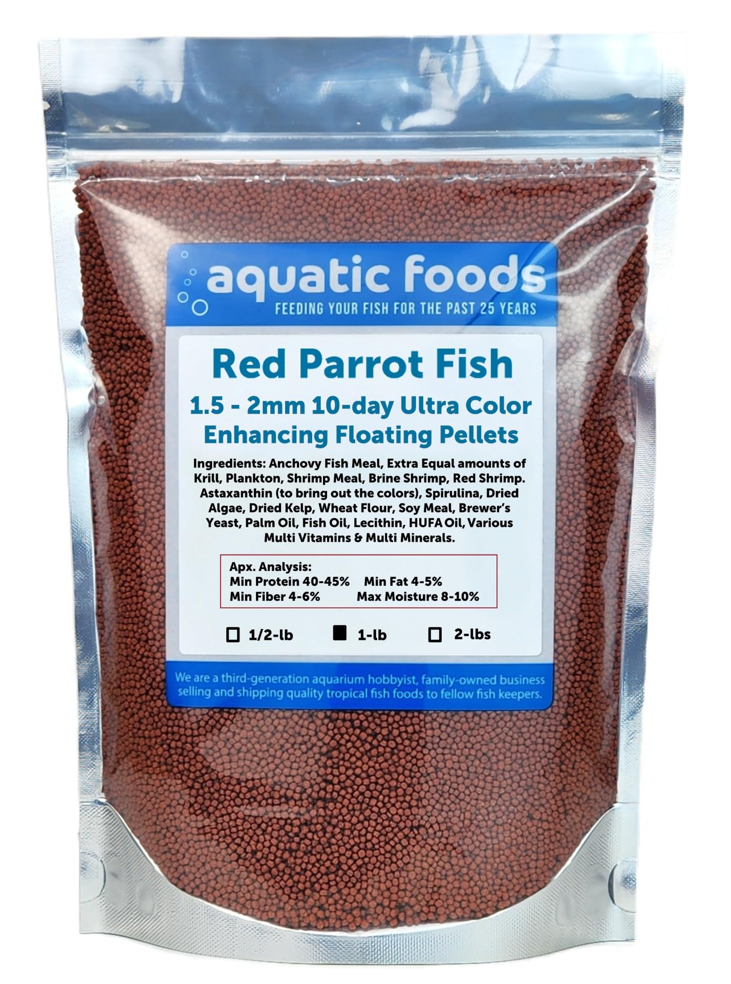 Aquatic Foods Inc. Red Parrot Fish Ultra Red Color Enhancing 1.5mm-2mm Floating Pellets. Color Enhancing in 10-Days for Baby, Juvenile and Adult Red Parrots…1-lb Bag
