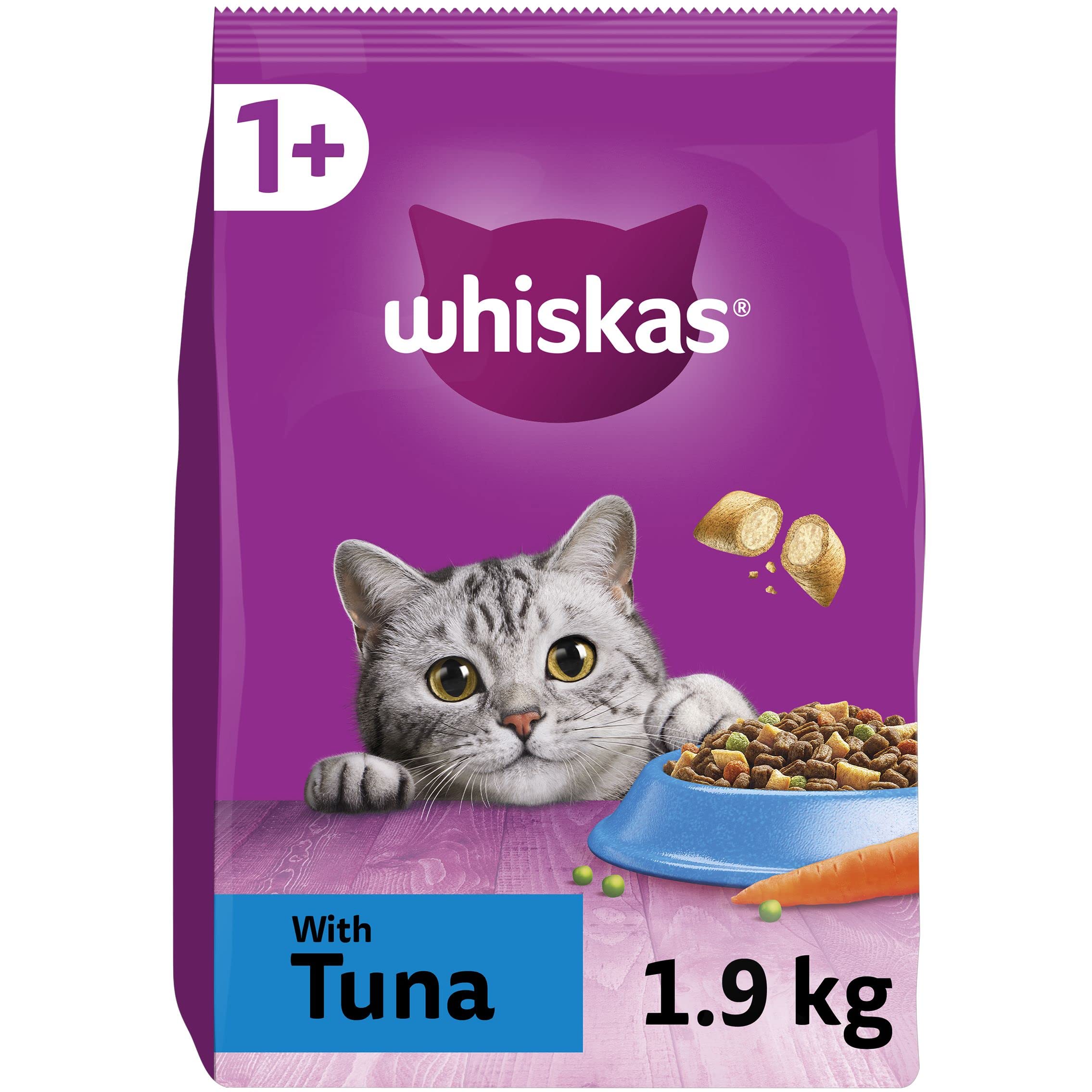 Whiskas 1+ Tuna Pack of 4 x 1.9 kg Bags, Adult Cat Dry Food