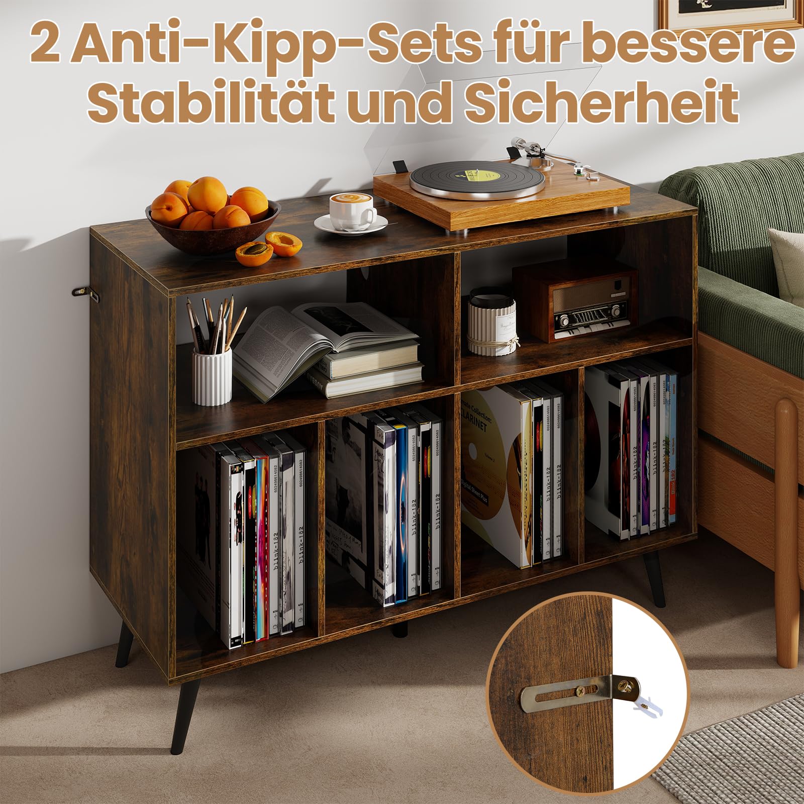COSTWAY Plattenspielerständer mit Ladestation, Plattenspielerschank mit Vinyl-Aufbewahrungsregalen, Plattenaufbewahrungstisch inkl. 5 Metallbeinen, Sideboard für Wohnzimmer, Musikzimmer (Braun)