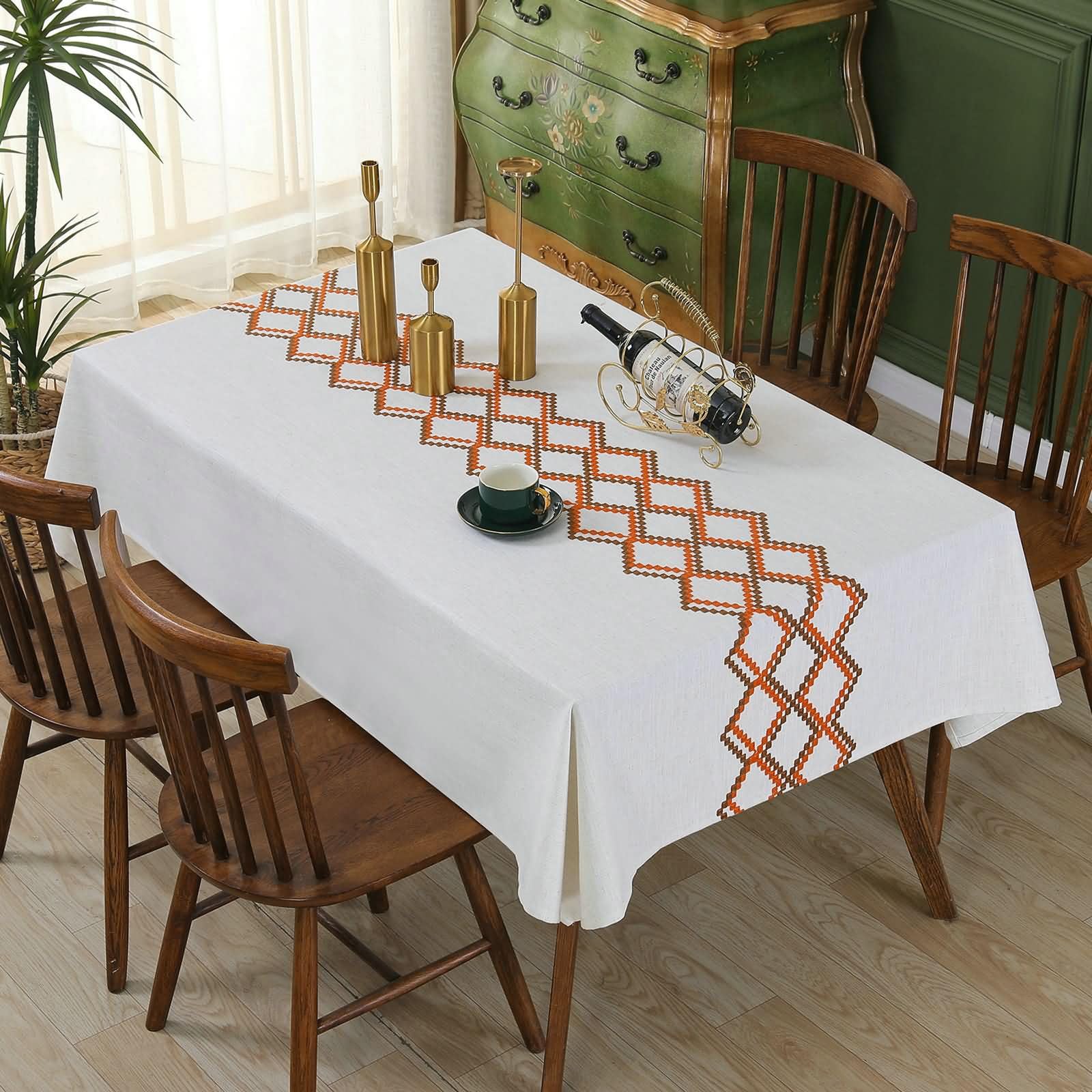 Nappe Rectangulaire Brun Orange en Lin pour Cuisine 140 x 220 cm