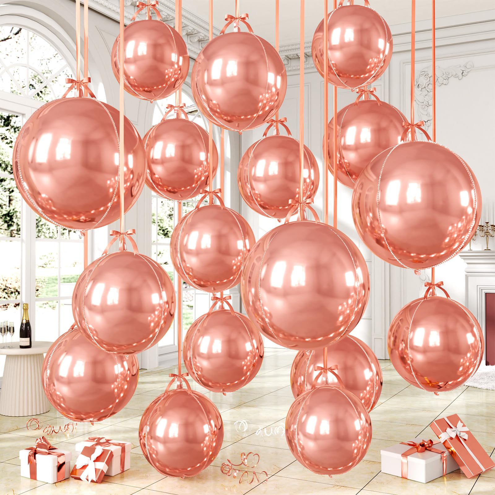 14 Pcs Rose Gold Round Foil Balloons 22/15/10 4D Ball Balloons Rose Metallic Balloon Ornament Mylar Balloon Chrome for Women Birthday Graduation Wedding Anniversary New Year Disco Party Decor
