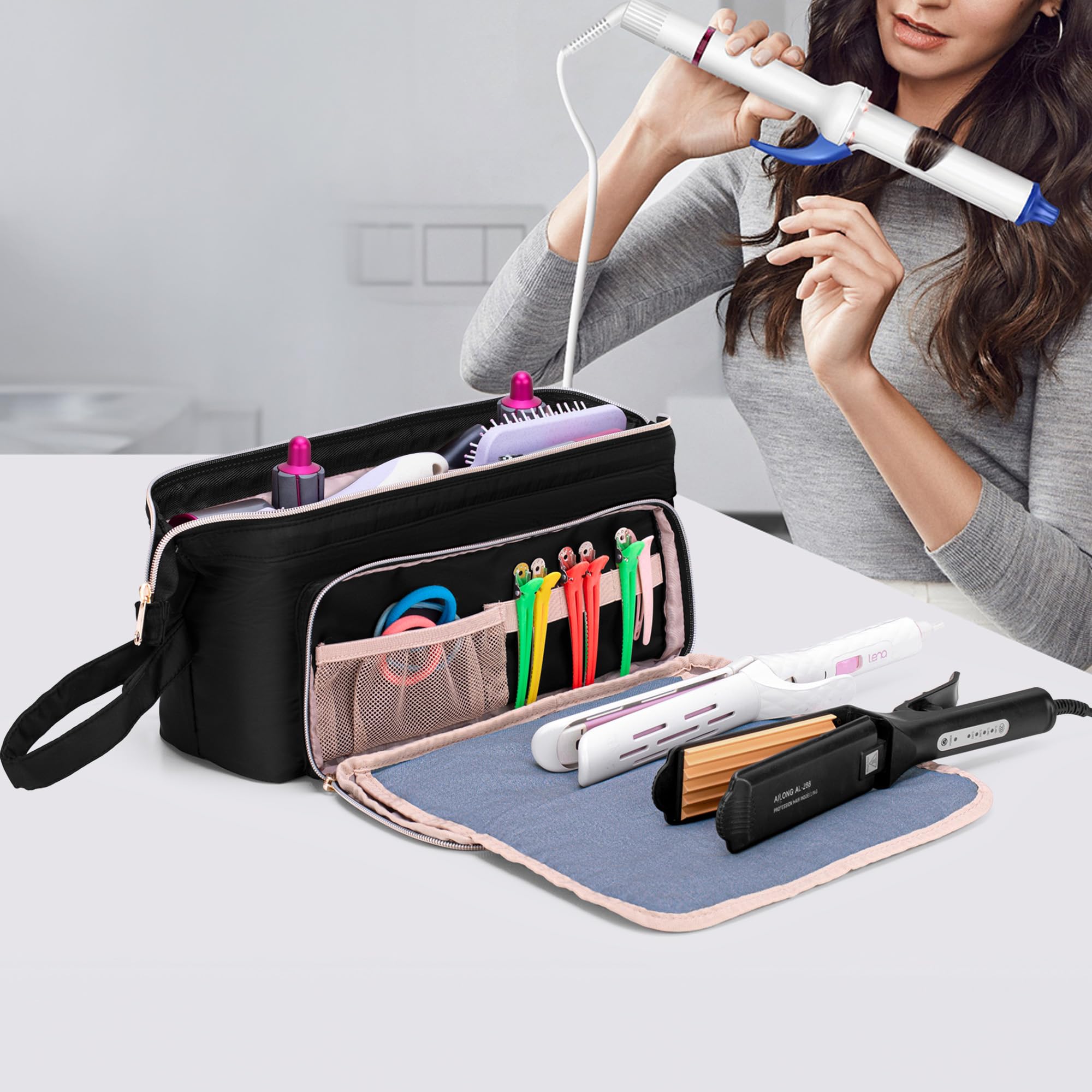 Fasrom Reisebeutel für Haartools mit Hitzebeständigem Matten für Glätteisen, Lockenstab und Haarglätter, 2-in-1 Aufbewahrungstasche für Haartrockner, Schwarz (Patentiertes Design)