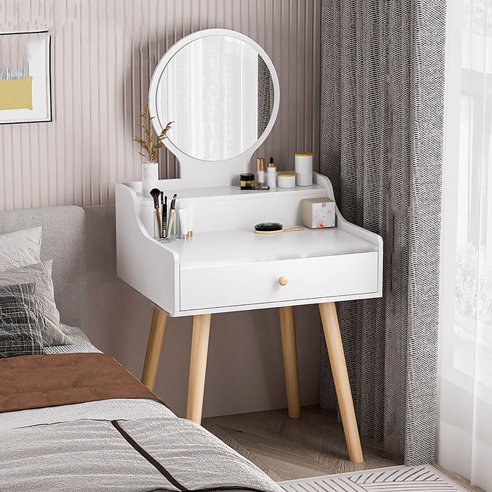 asdchZen Lighted Vanity Desk With Drawers, Makeup Table For Small Spaces, Compact White Dressing Table Without Stool, Ideal For Bedroom, 70Cm Size,White-50cm