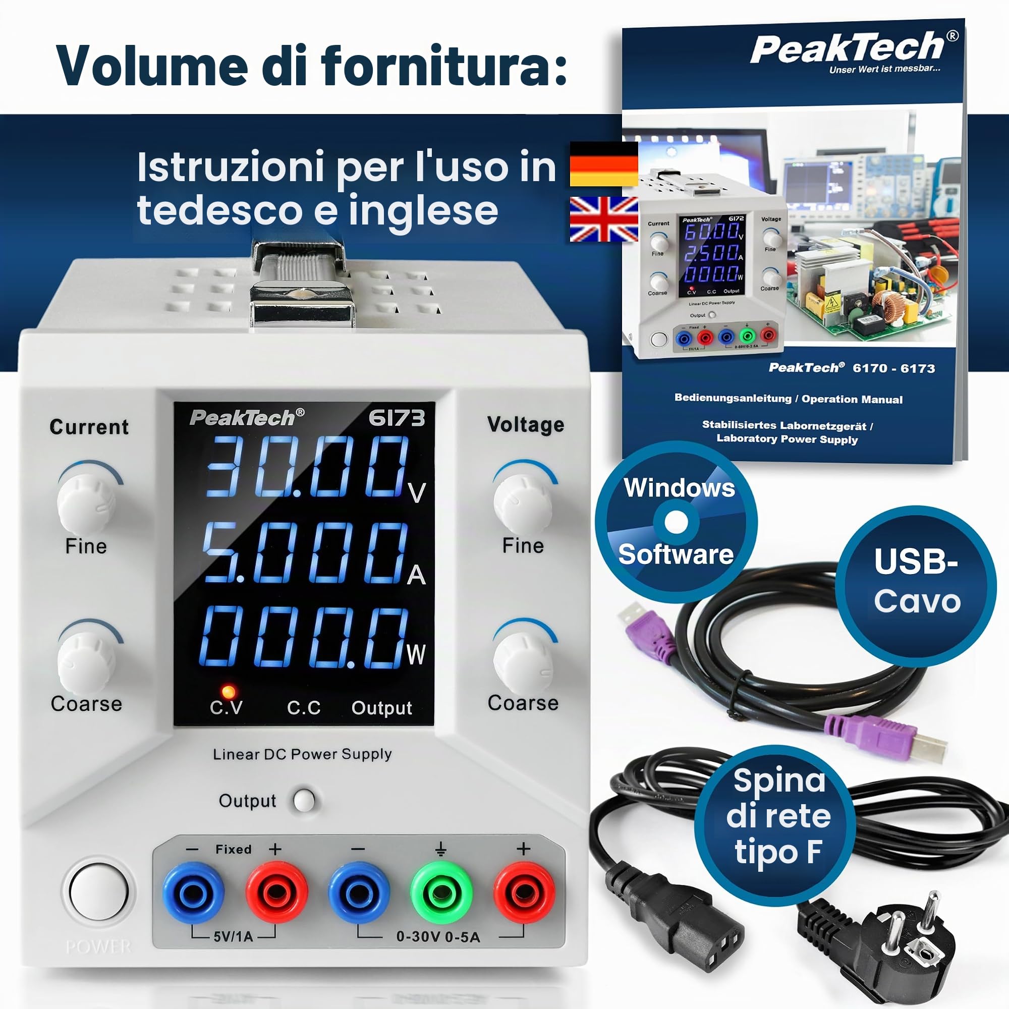 PeakTech 6173 - Alimentatore da laboratorio 0-30 V / 0-5 A DC SELV lineare con trasformatore di isolamento, alimentatore da laboratorio con USB e software