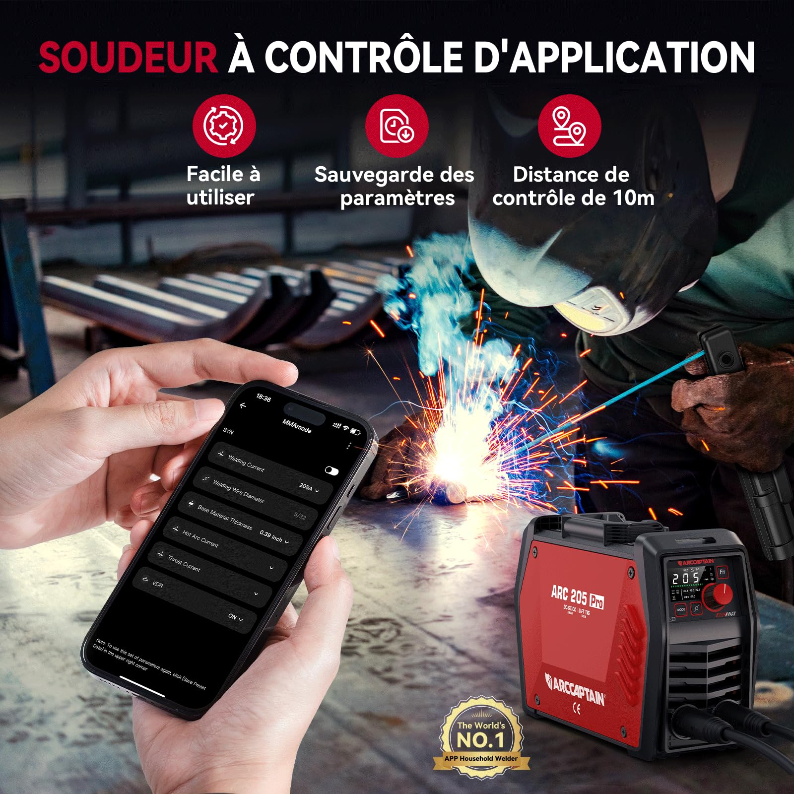 ARCCAPTAIN iControl ARC205 Pro Poste a Souder, [Contrôle APP] 205A Soudage ARC/TIG Lift Poste à Souder, Grand Écran LED Large, Inverseur IGBT 230V avec Démarrage Chaud, Force d'Arc et Anti-Adhérence