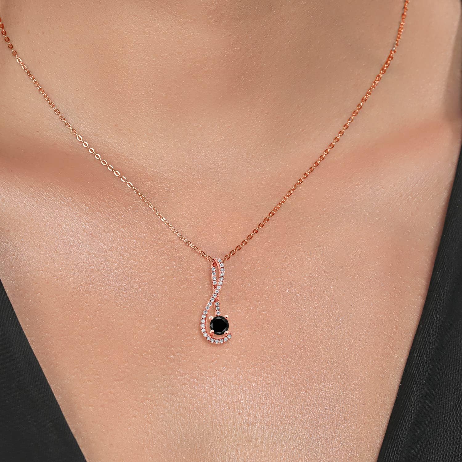 Gem Stone King 0.81 Ct Black Diamond White Created Sapphire 18K Rose Gold Plated Silver Pendant with Chain - Image 3