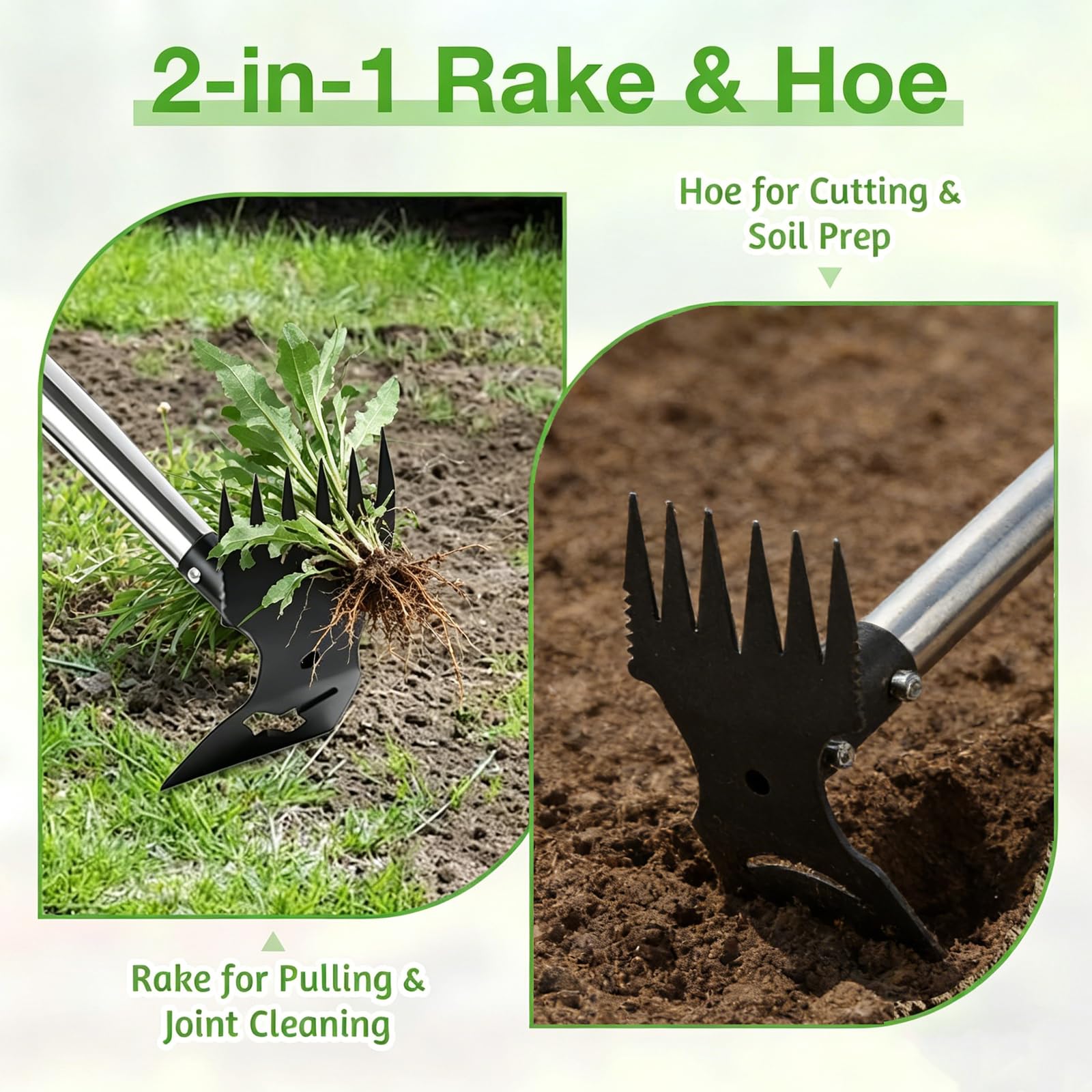 Rastrello Sarchiatore 2 in 1 Attrezzo Manuale per Estirpare Erbacce con Manico Lungo Zappa da Giardino