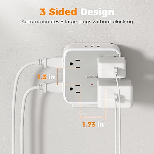 Miniatura 6 de TESSAN - Extensor de toma de corriente múltiple con 8 enchufes y 3 USB (1 USB C), protector de sobretensiones de pared con interruptor de