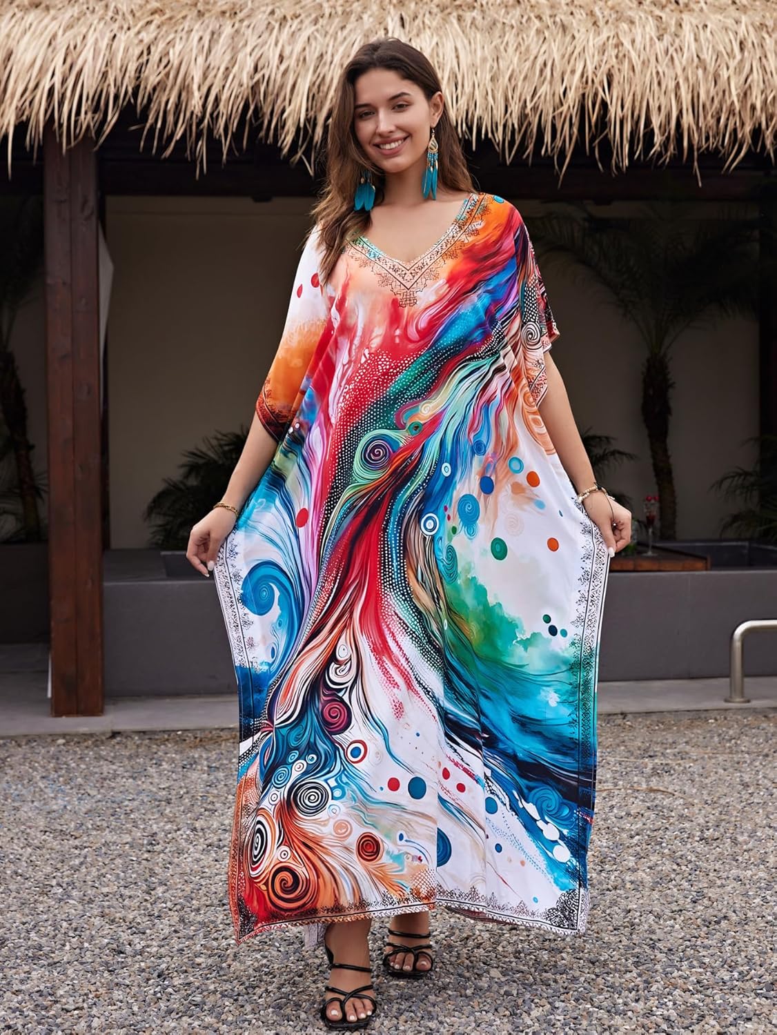 Women's Plus Size Loose Fit Moroccan Print V-Neck Batwing Kaftan Beach Dress Bathing Suit Cover Up - Image 4