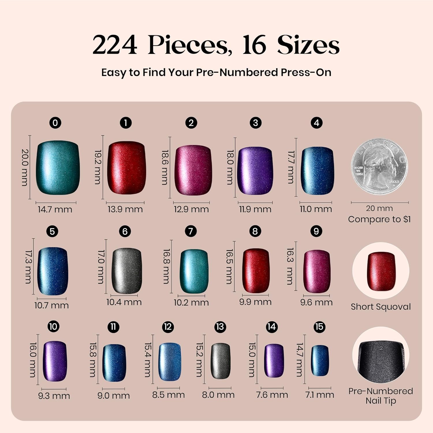 Beetles X Press Cat Eye Nails - 7 Colors Short Square Press On Nails | 16 Sizes 224 Pcs Natural Salon Quality Red Blue Purple Cateye Nails For Women