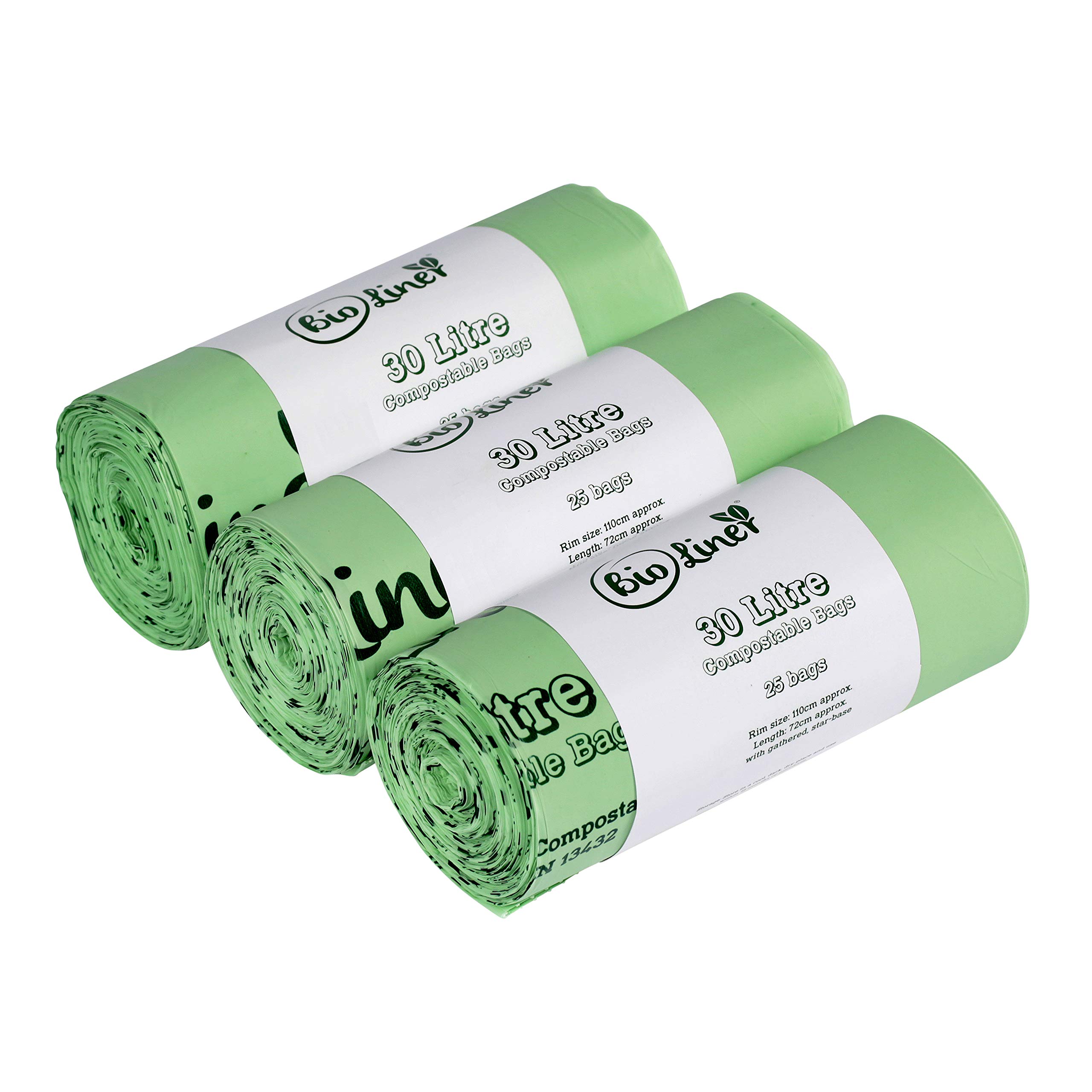 Bioliner Green 30 Litre (Large Roll) Compostable Kerbside Caddy Bin Liners, 75 Bags