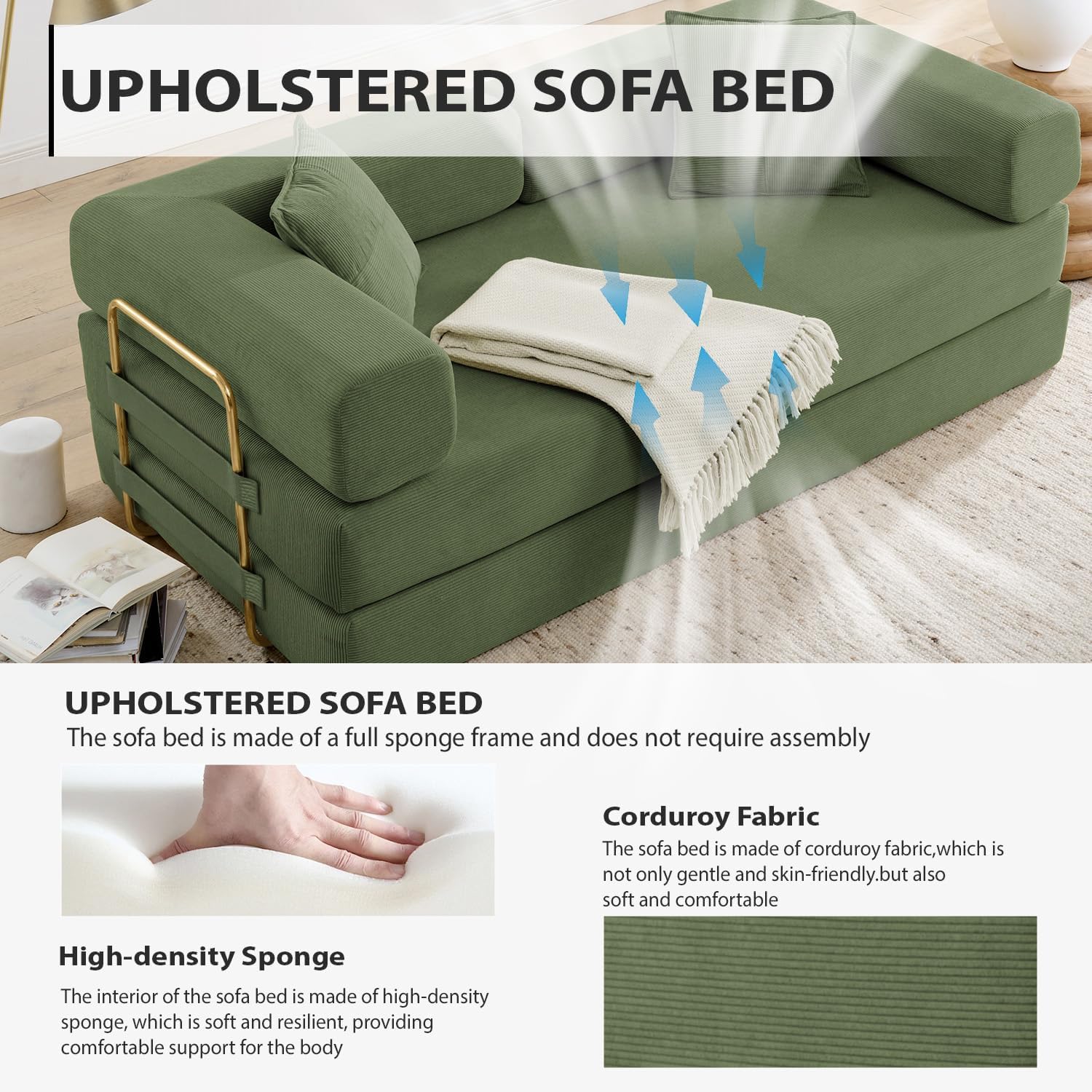 Convertible Folding Sofa Bed, Modern Futon Sleeper Sofa Fold Out Couch Bed with Gold Fixed Frame, Modular Floor Sofas Comfy Corduroy Boneless Couches for Living Room (78" Green)