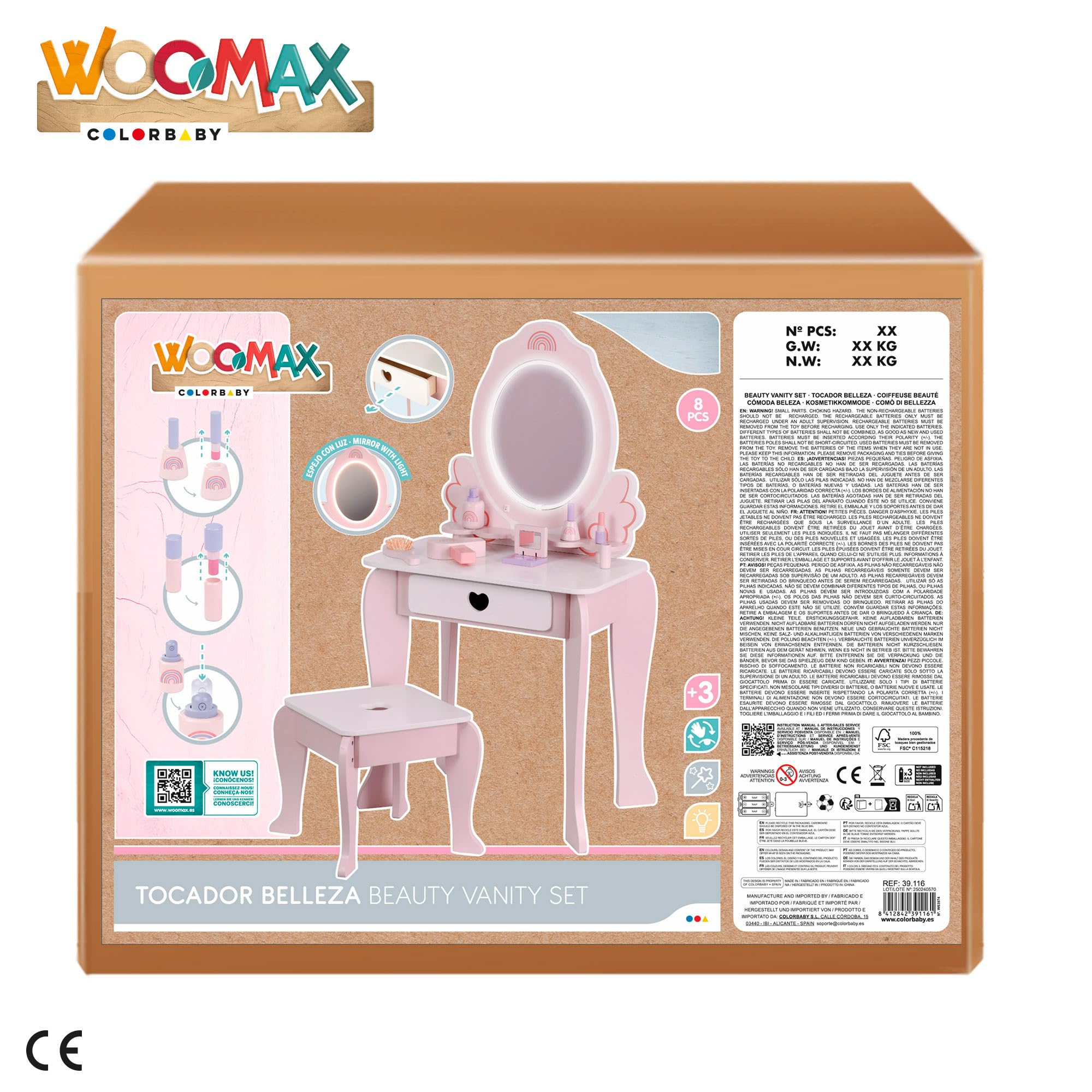 WOOMAX Tavolo da toeletta Bambina Sgabello in Legno Specchio con Luce 48x32x92cm Colori Pastello Inclusi Accessori Toletta Bambini Accessori Interattivi, Giocattoli per Bambini di 3 anni