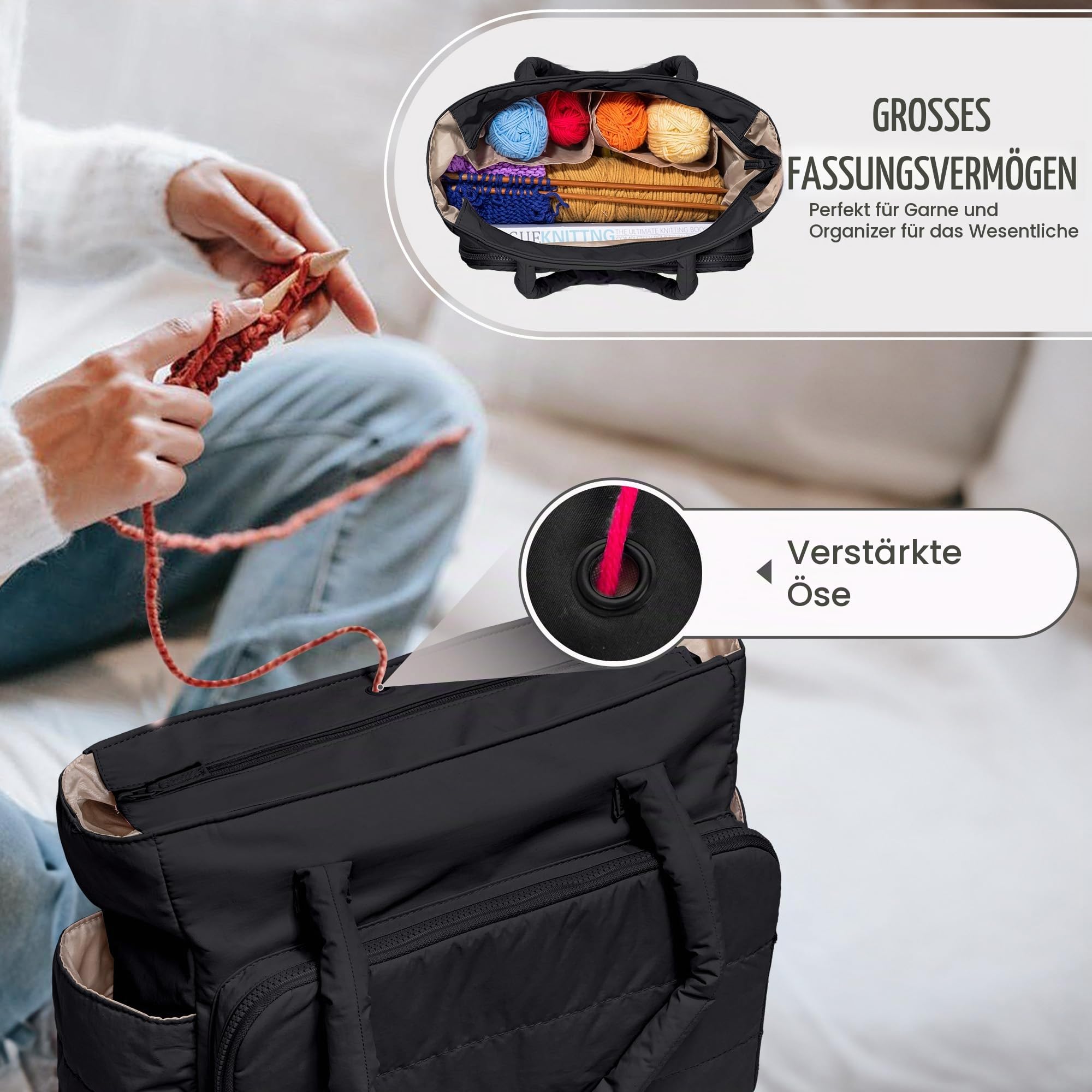 Teamoy Aufbewahrungstasche für Wolle, Taslan, Schwarz (Nur Tasche) | Stricktasche für Garn, Stricknadeln, Häkelnadeln, Strickprojekte, und Zubehör