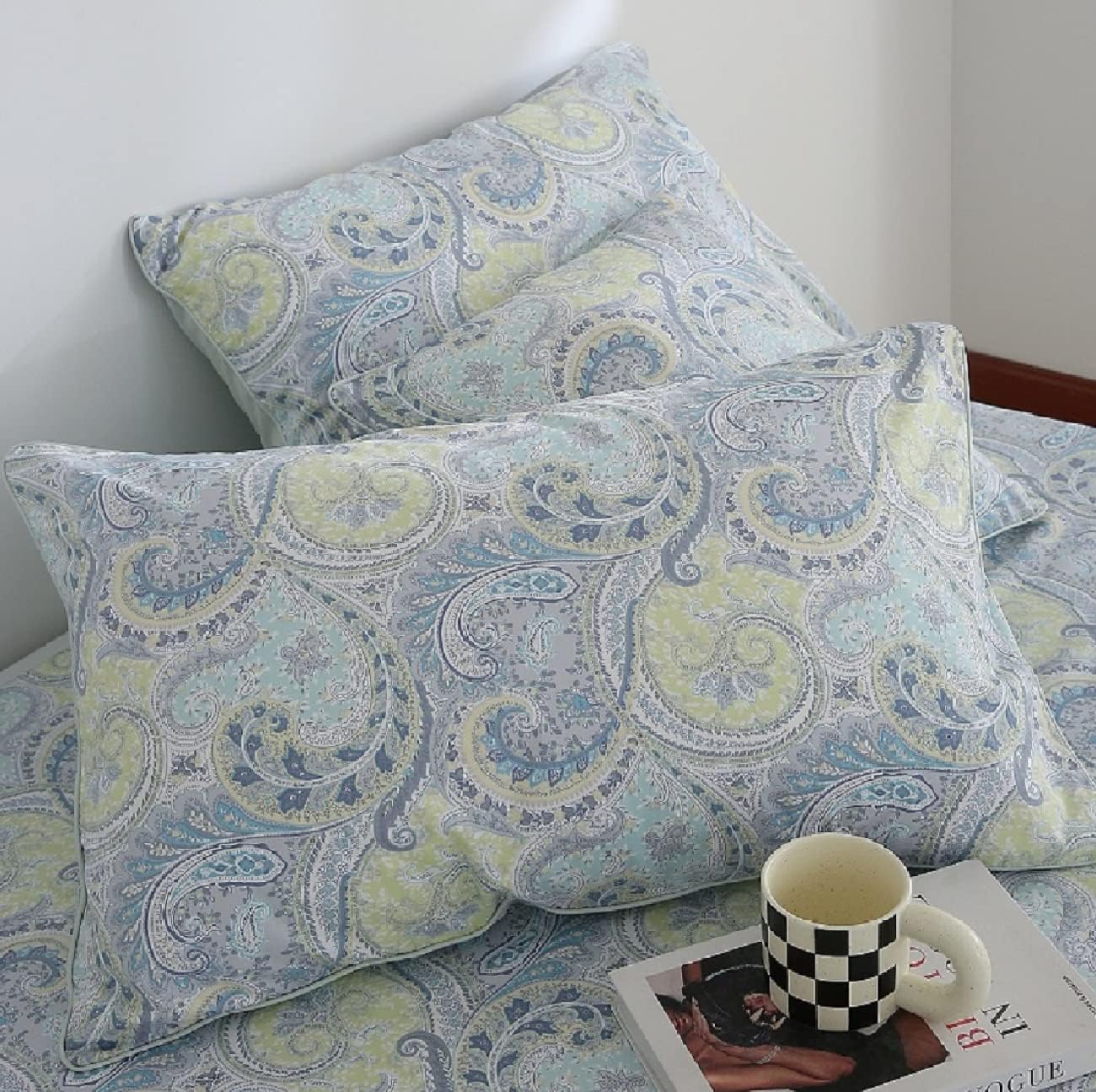 Cotton Pillowcase, Light Blue Pillowcases with White Rose, Set of 2 Queen Size, 19x29 Inches, Soft and Comfortable