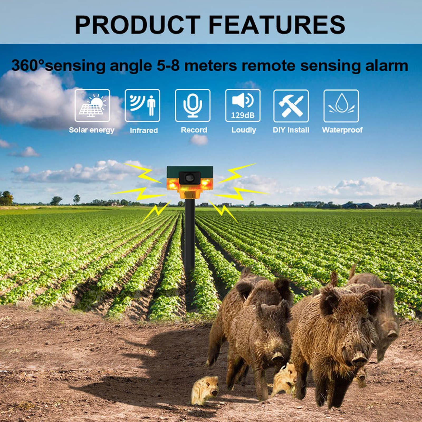 Sensor de movimiento solar para exteriores – perros ladrando y disparos, alarma de detección de movimiento de 360 grados, 2 x 130 dB para casas, granjas (2 amarillos)