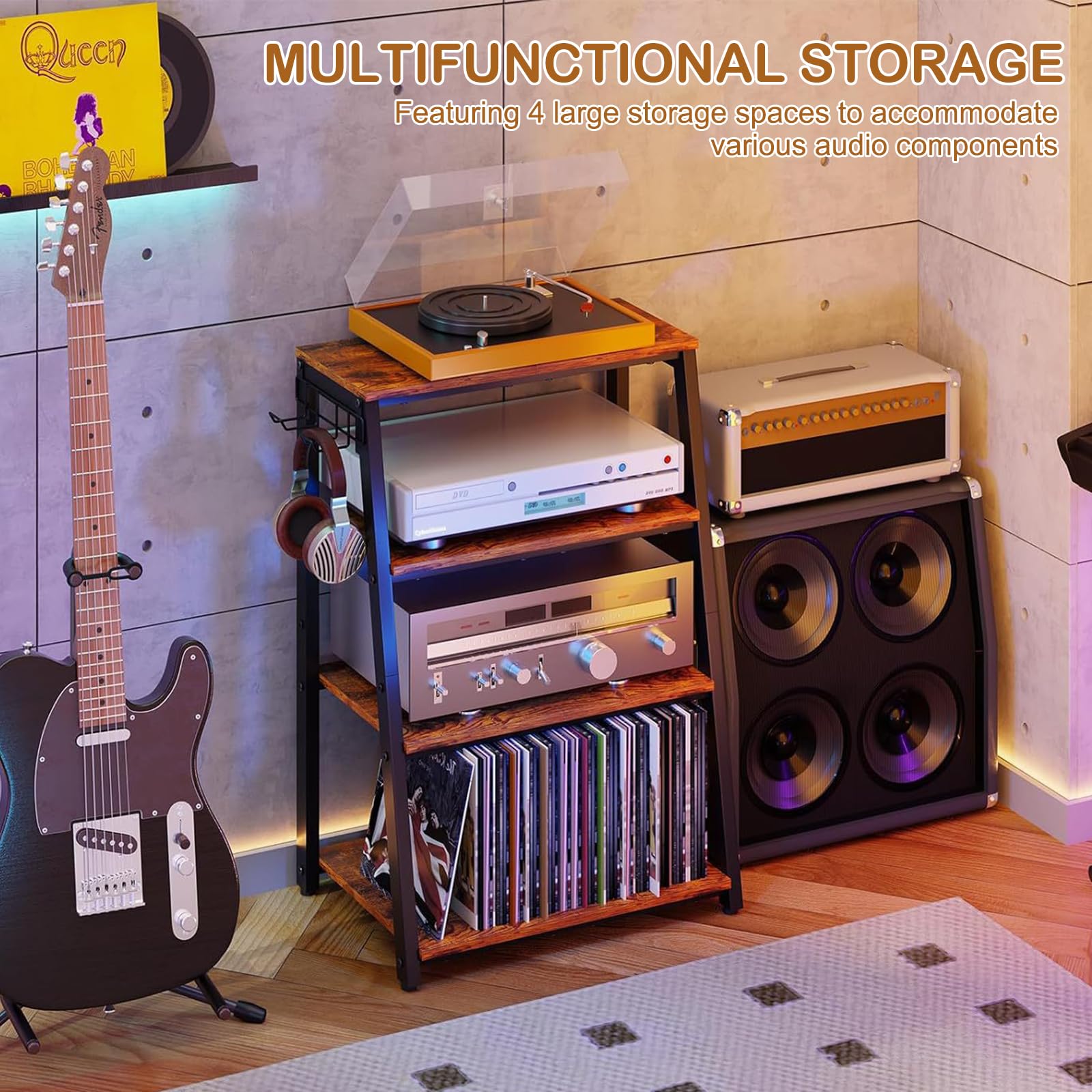 TWSOUL Rack HiFi a 4 livelli, giradischi, in legno e acciaio, torre audio, scaffale da gioco in legno con ripiani aperti, per giradischi e impianti stereo e impianto compatto, 48 x 36 x 80 cm