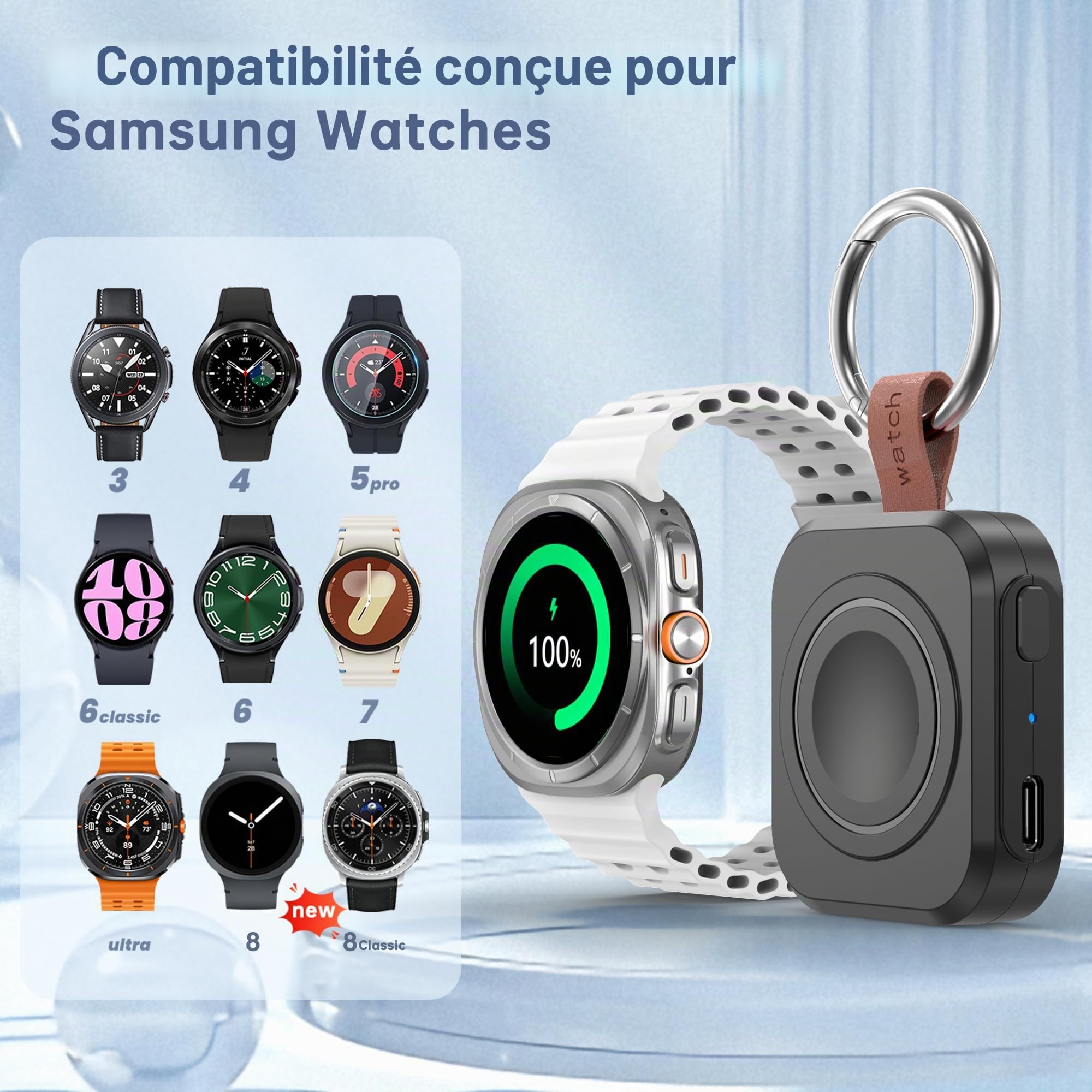 Chargeur pour Samsung Galaxy Watch, 1200mAh Chargeur Portable pour Samsung Galaxy Watch 8/8 Classic/7/Ultra/6/6 Classic/5/5 Pro/4/3, Active 2/1 (Noir)