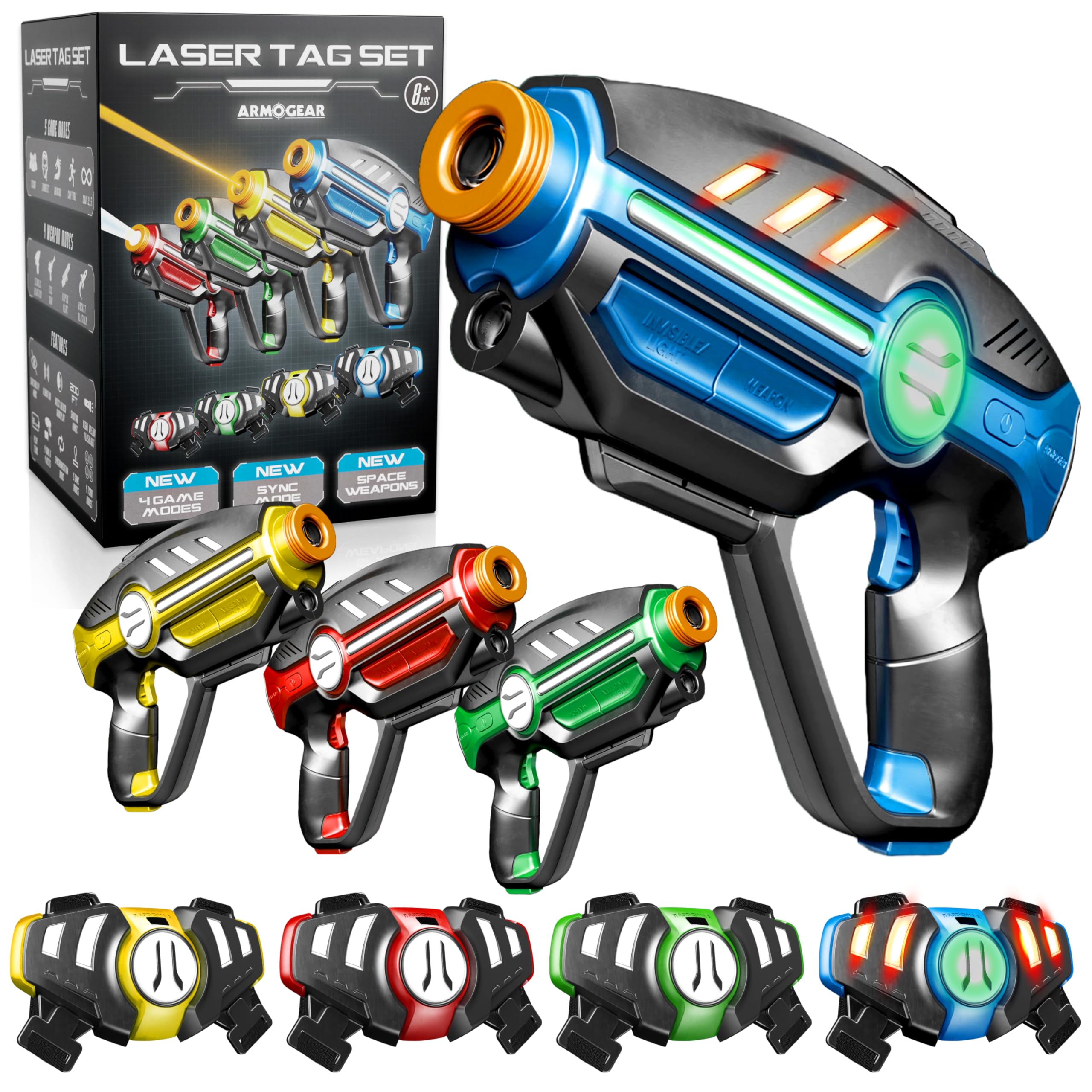 Laser Tag Set for Kids, Teens &amp; Adults - 4 Blasters + 4 Vest Sensors with 4 Multi-Game Modes - Fun Ideas Age 8+ Year Old Toys - Lazer Teen Boy Games - Boys &amp; Girls Outdoor Teenage Group Activities